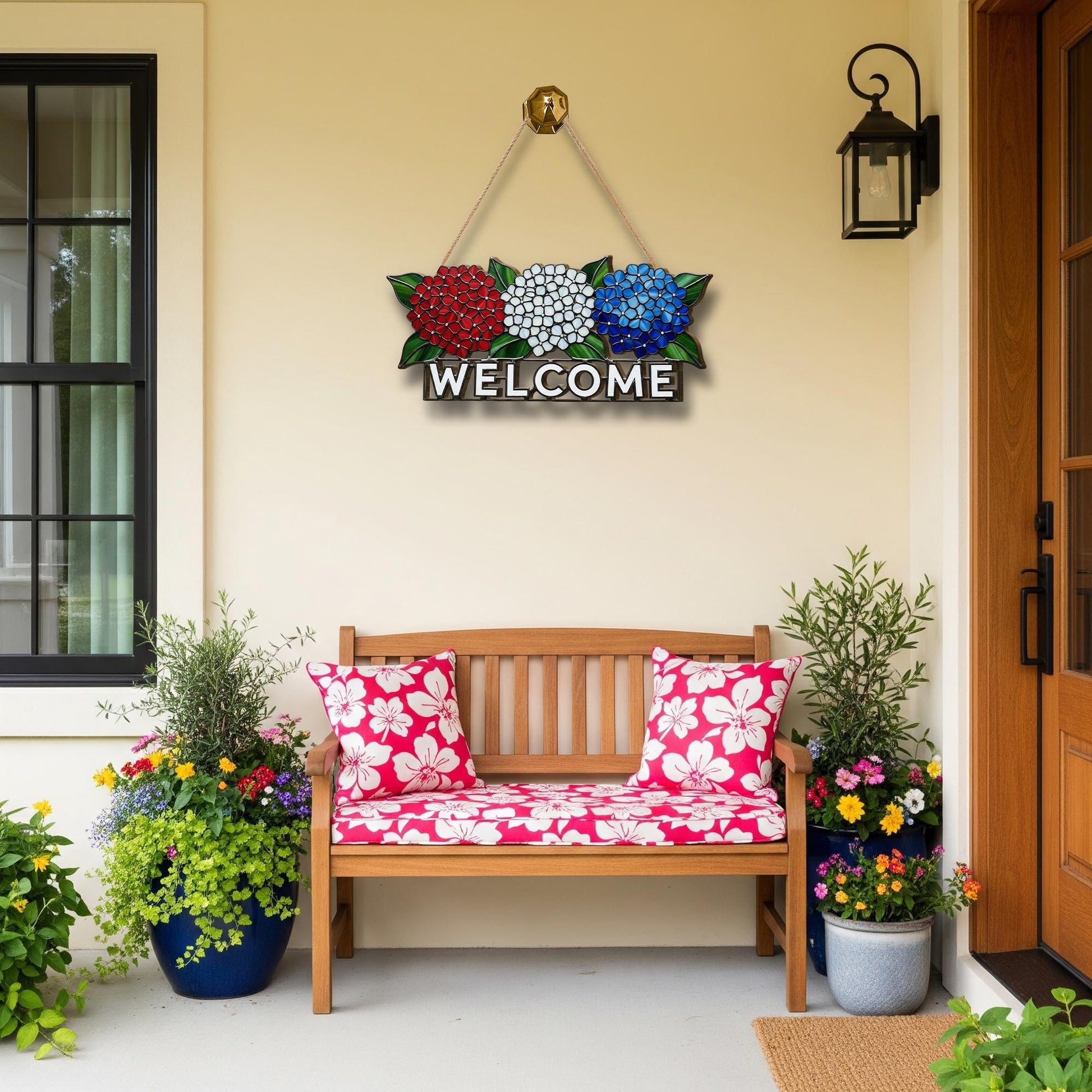 Patriotic Hydrangea WOODEN Welcome Sign, Red White Blue Door Decor, Fourth of July Porch Sign, Summer Wooden Floral Front Door Sign