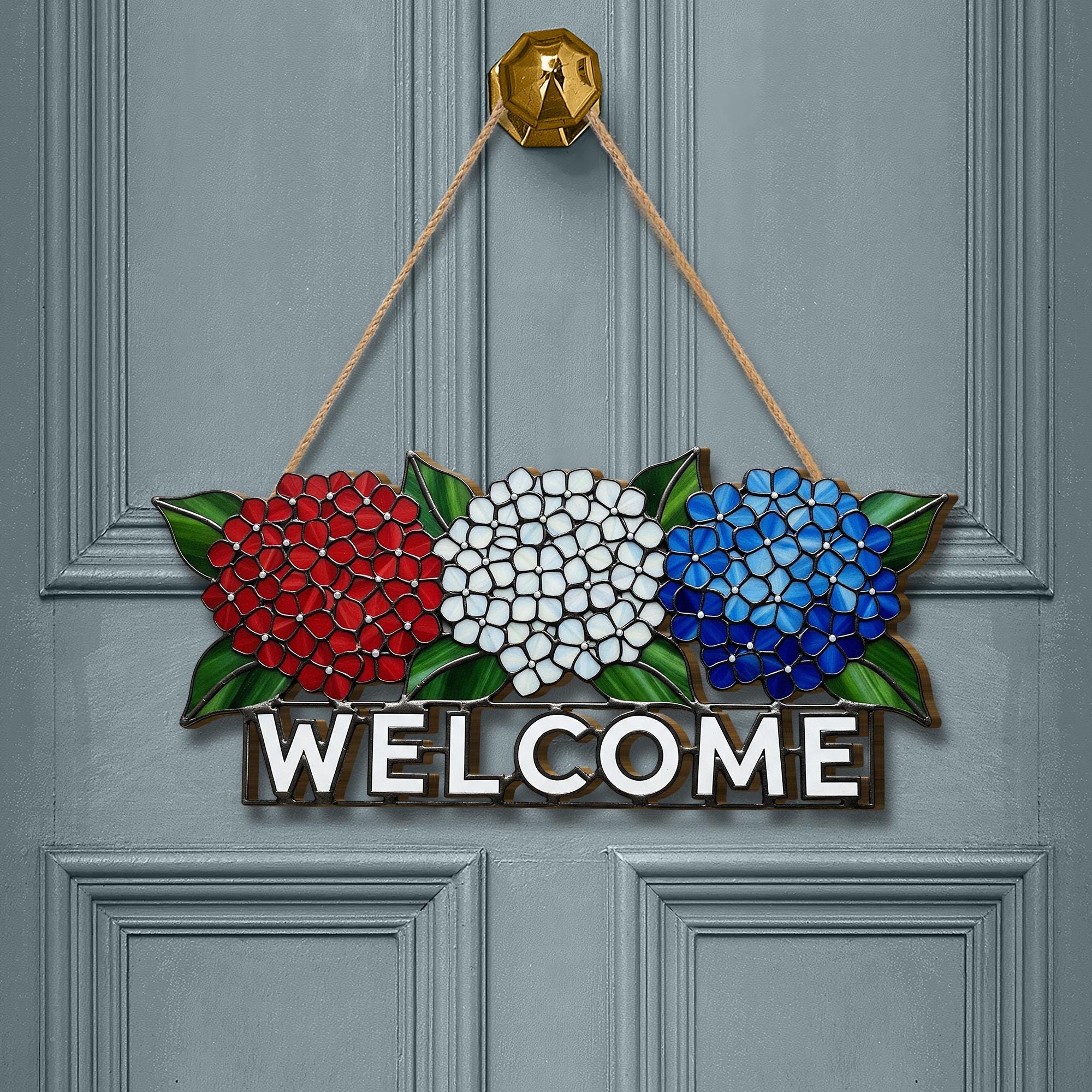 Patriotic Hydrangea WOODEN Welcome Sign, Red White Blue Door Decor, Fourth of July Porch Sign, Summer Wooden Floral Front Door Sign