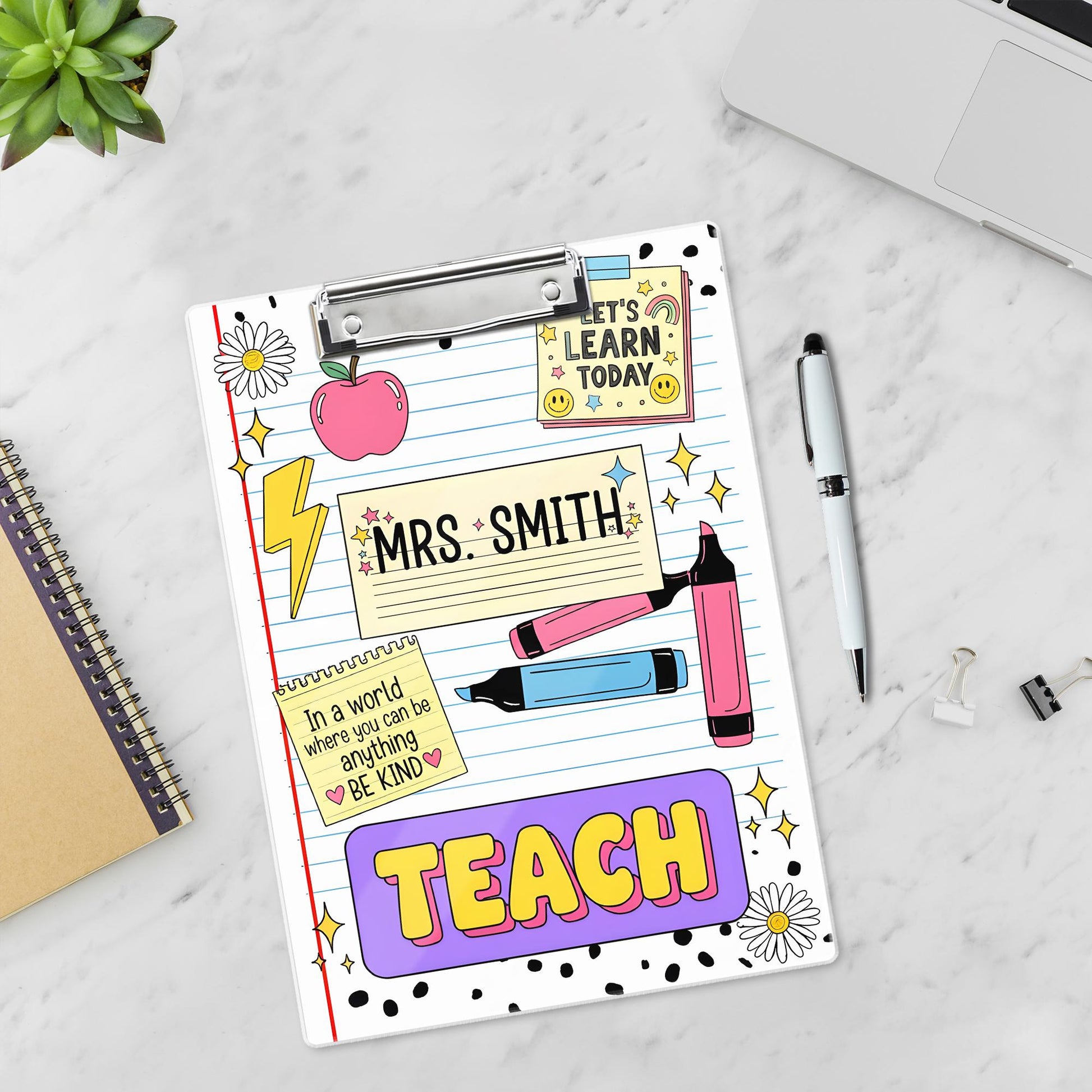 Personalized Teacher Clipboard – Cute Doodle Design with Name, Apple, Markers & Quotes, Fun Back to School Gift for Educators, Teachers