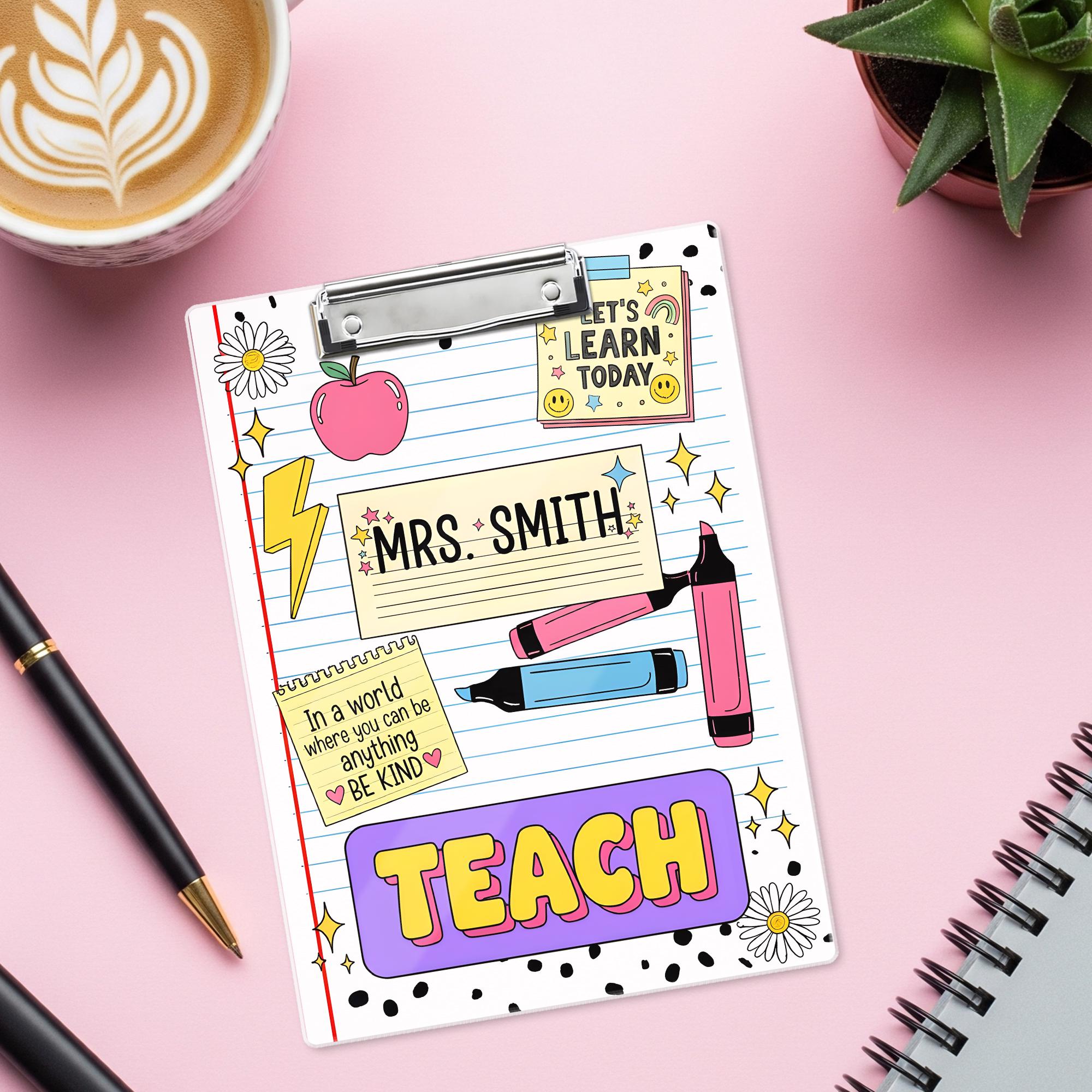 Personalized Teacher Clipboard – Cute Doodle Design with Name, Apple, Markers & Quotes, Fun Back to School Gift for Educators, Teachers
