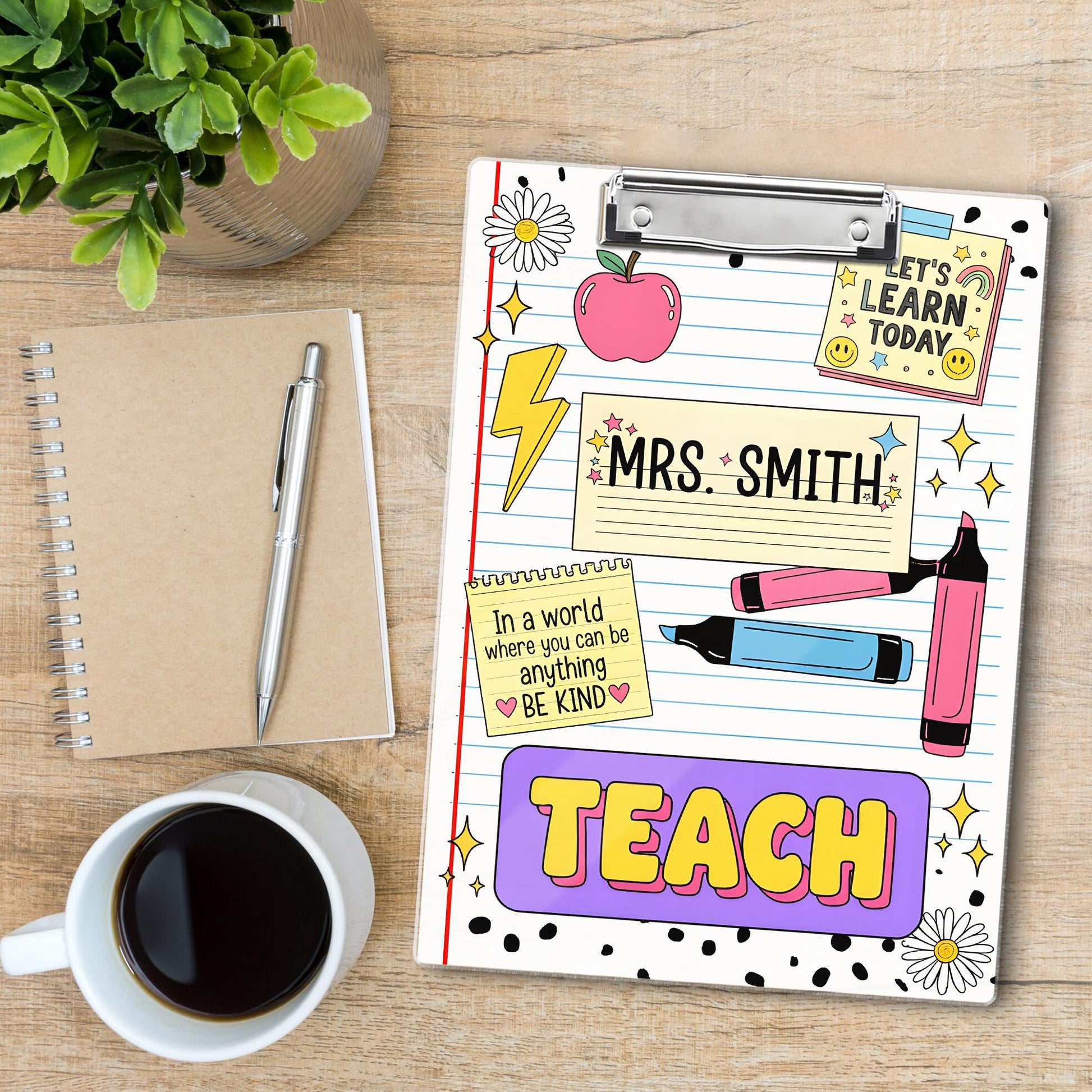 Personalized Teacher Clipboard – Cute Doodle Design with Name, Apple, Markers & Quotes, Fun Back to School Gift for Educators, Teachers