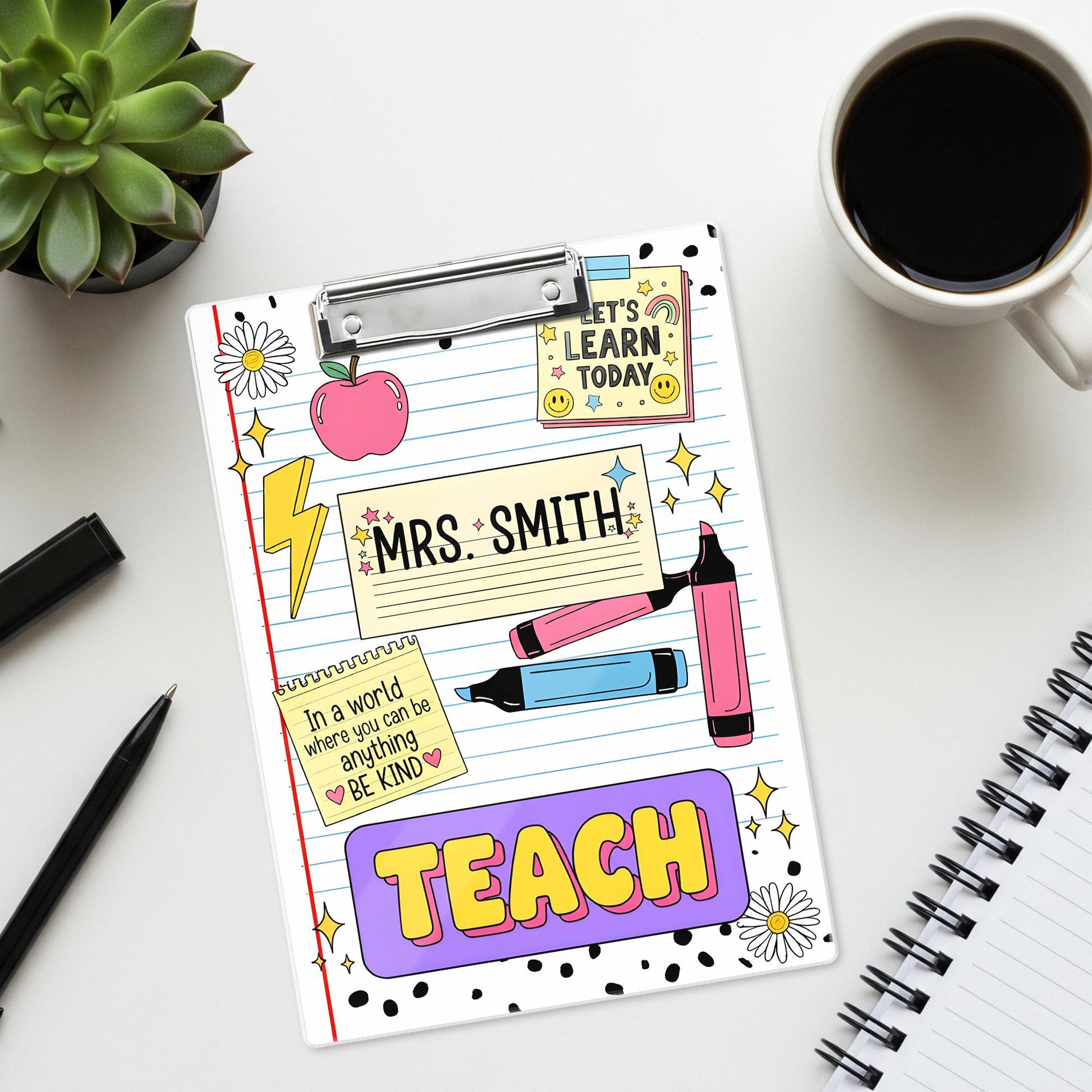 Personalized Teacher Clipboard – Cute Doodle Design with Name, Apple, Markers & Quotes, Fun Back to School Gift for Educators, Teachers