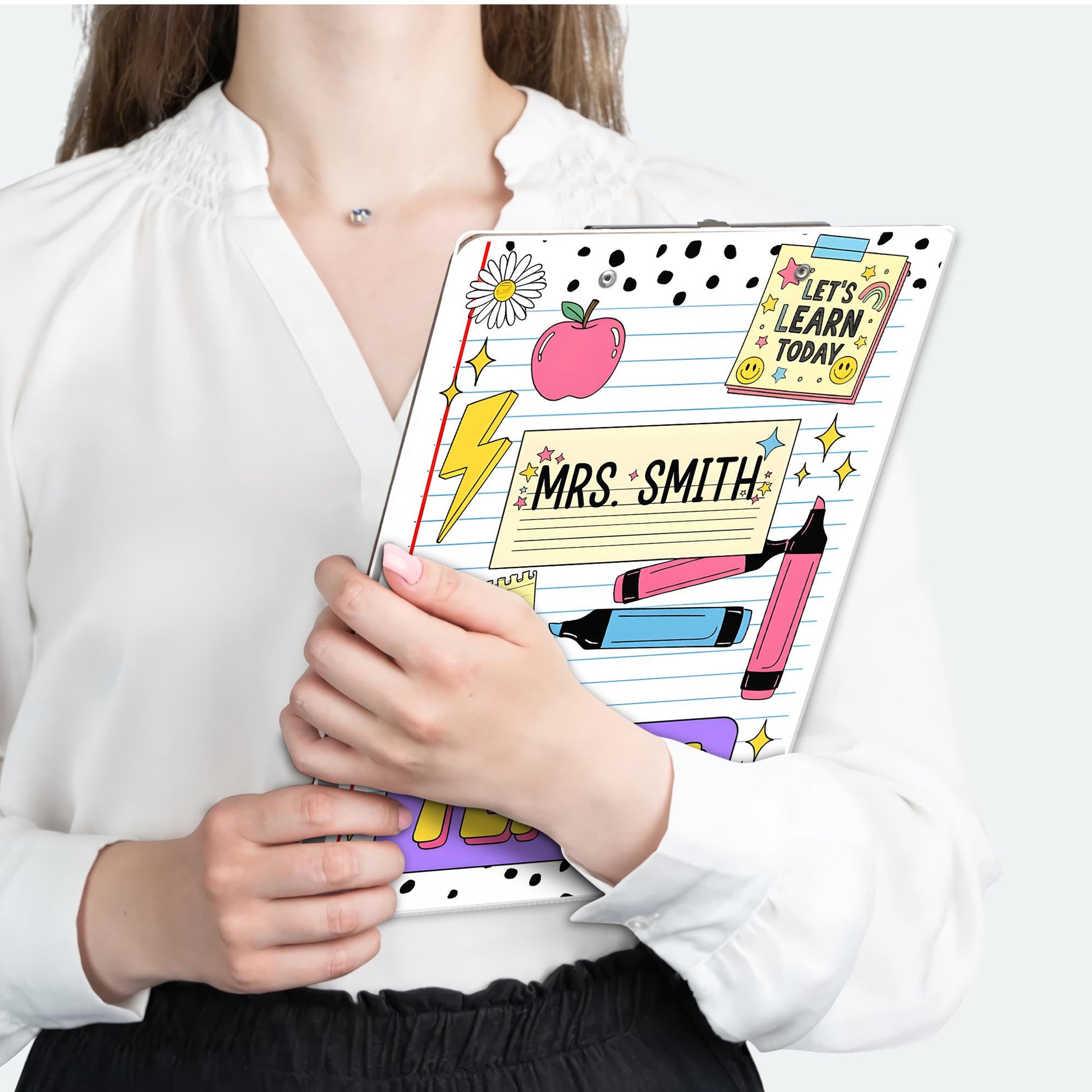 Personalized Teacher Clipboard – Cute Doodle Design with Name, Apple, Markers & Quotes, Fun Back to School Gift for Educators, Teachers