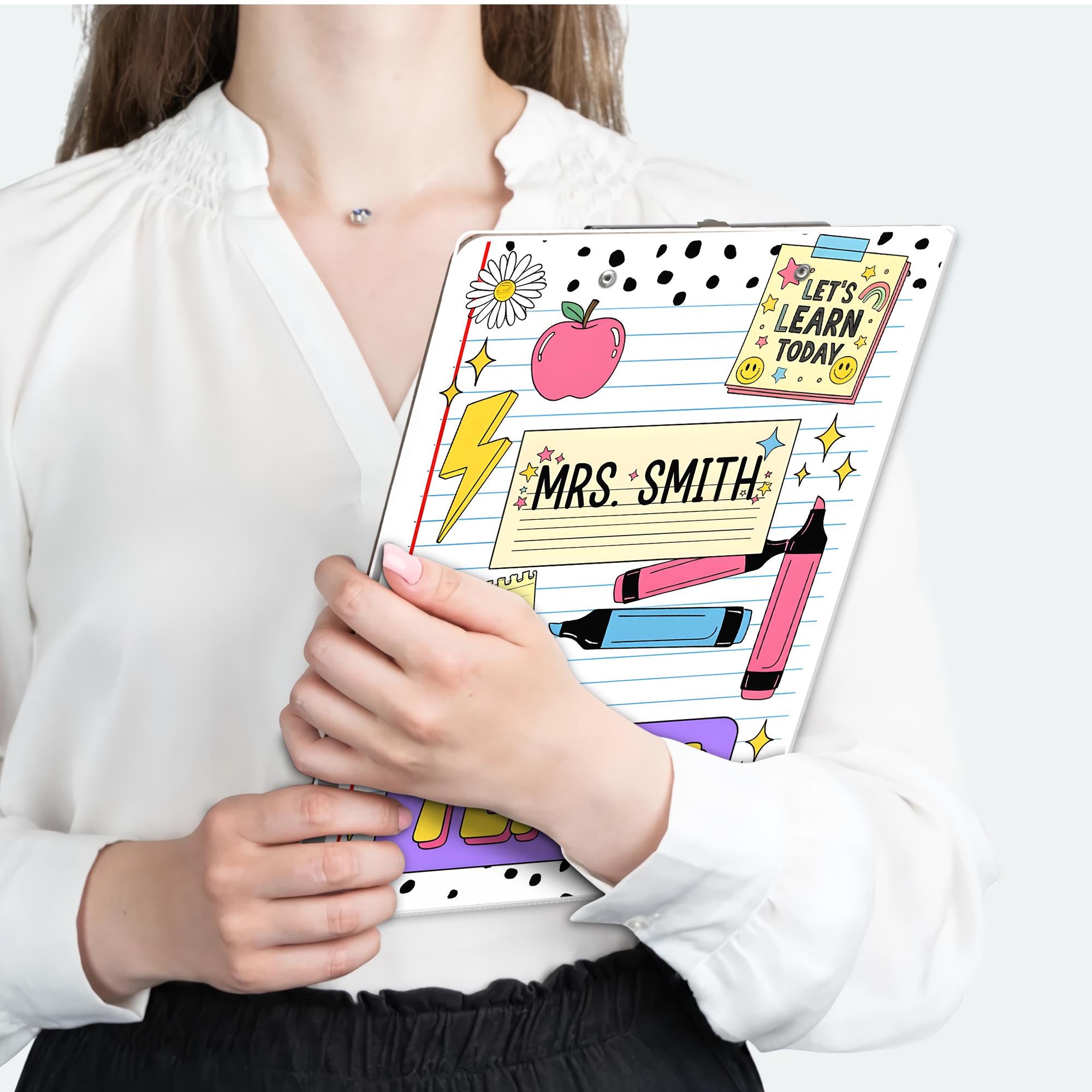 Personalized Teacher Clipboard – Cute Doodle Design with Name, Apple, Markers & Quotes, Fun Back to School Gift for Educators, Teachers