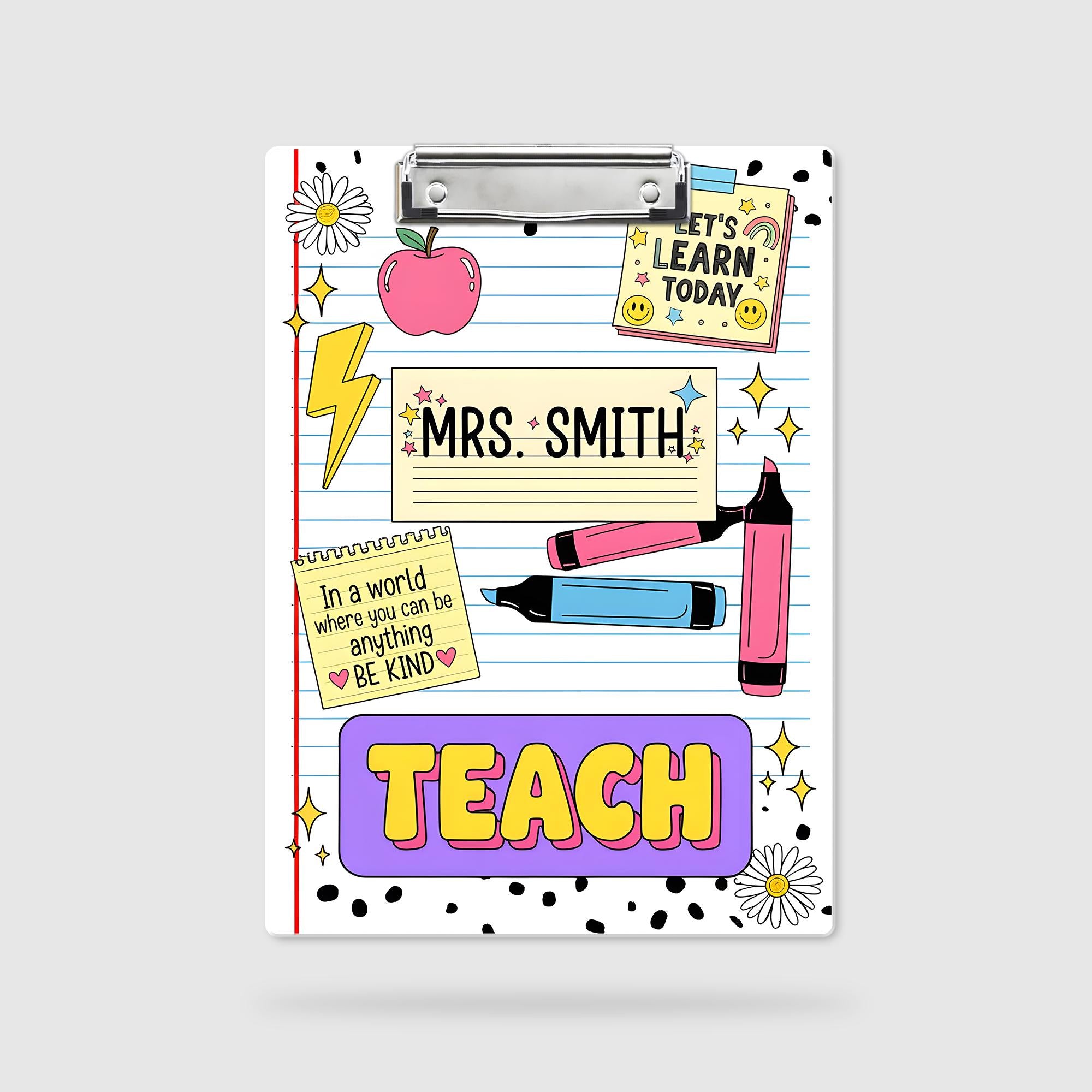 Personalized Teacher Clipboard – Cute Doodle Design with Name, Apple, Markers & Quotes, Fun Back to School Gift for Educators, Teachers