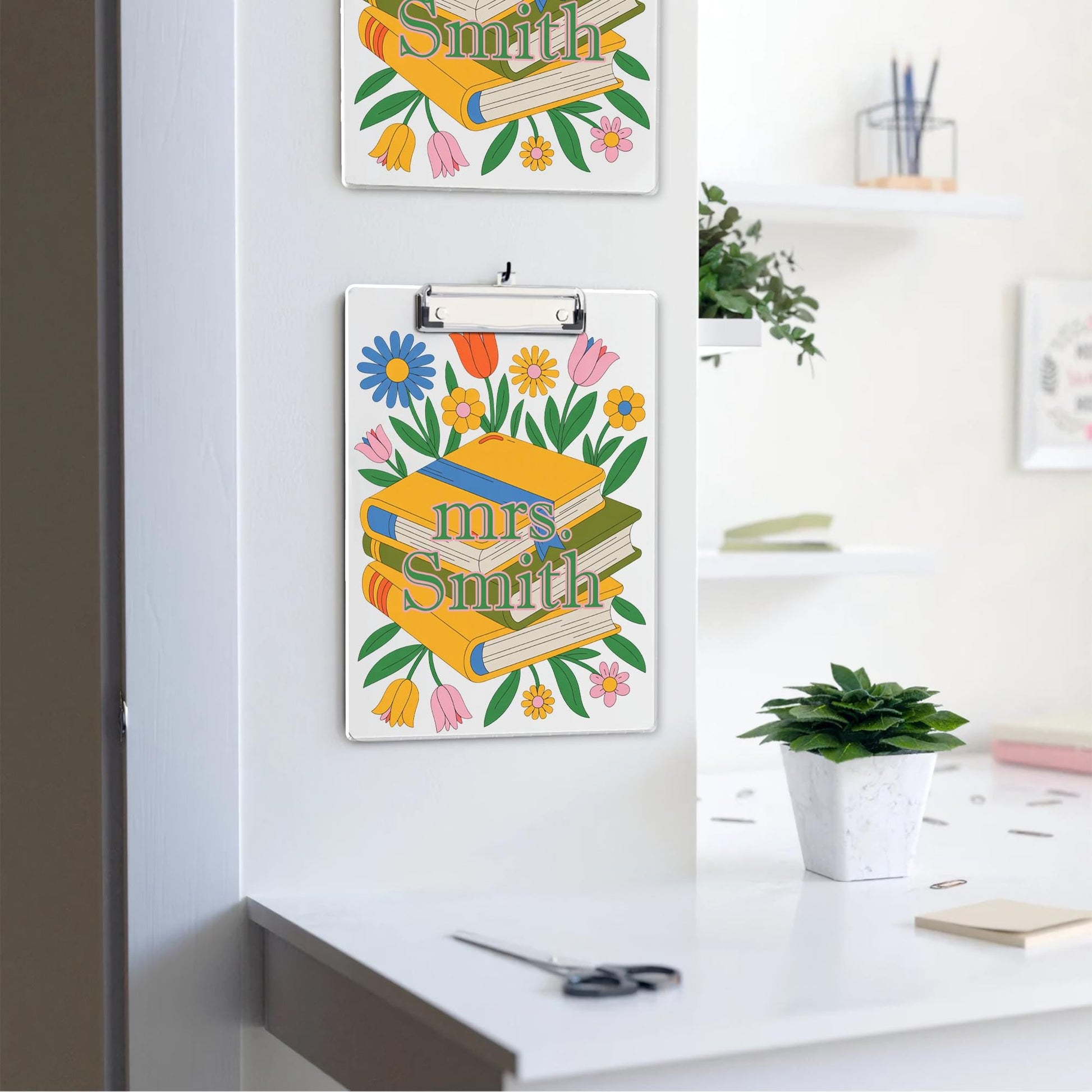 Personalized Teacher Clipboard, Floral and Book Design with Custom Name, Cute Back to School Gift for Educators, Librarians & Staff, Teacher
