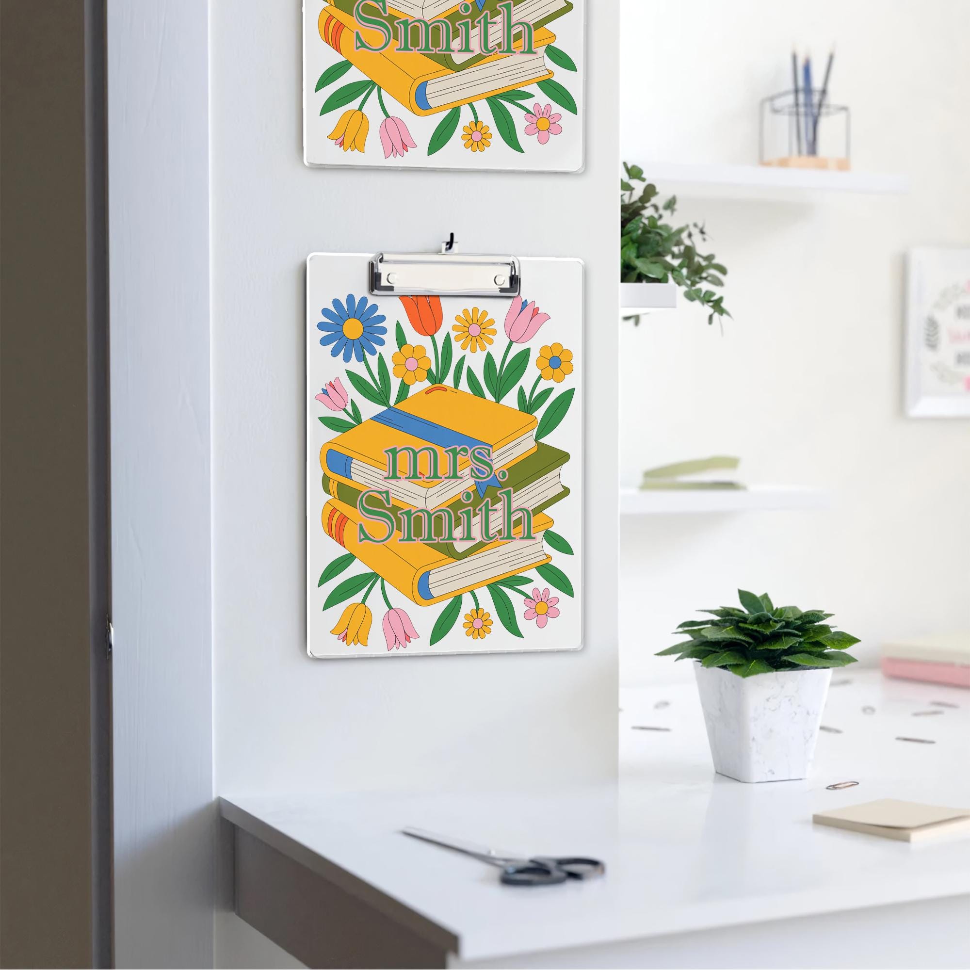 Personalized Teacher Clipboard, Floral and Book Design with Custom Name, Cute Back to School Gift for Educators, Librarians & Staff, Teacher