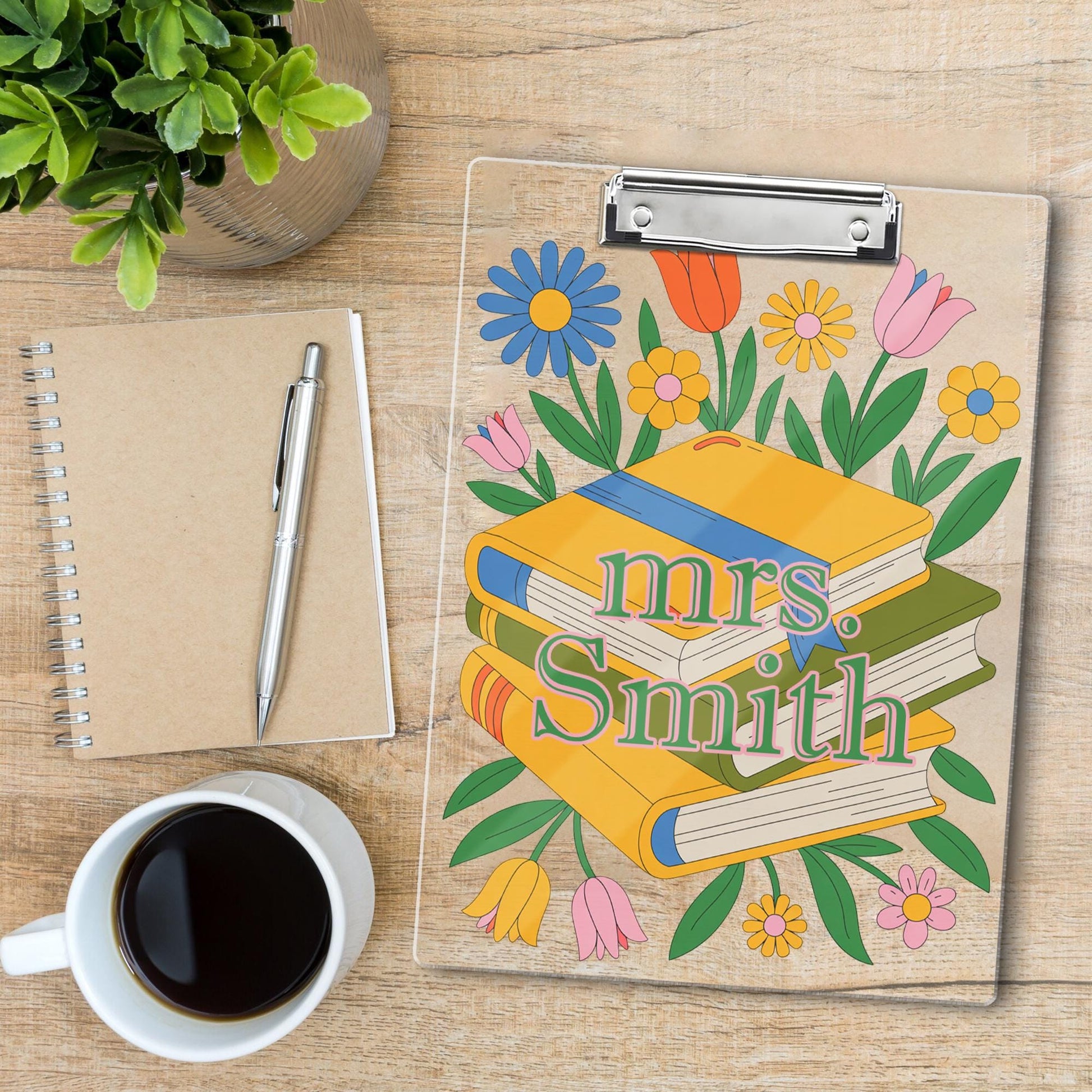 Personalized Teacher Clipboard, Floral and Book Design with Custom Name, Cute Back to School Gift for Educators, Librarians & Staff, Teacher