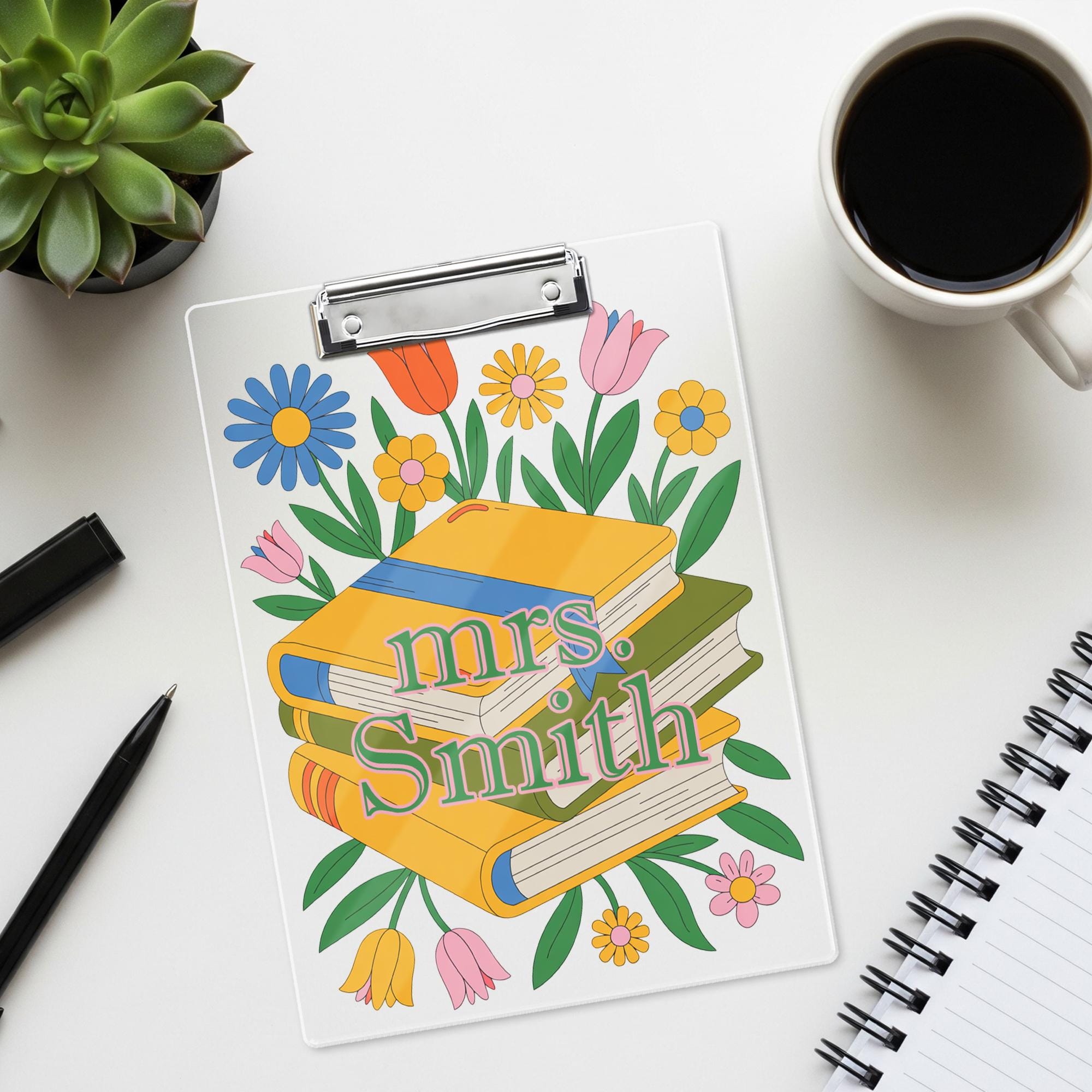 Personalized Teacher Clipboard, Floral and Book Design with Custom Name, Cute Back to School Gift for Educators, Librarians & Staff, Teacher