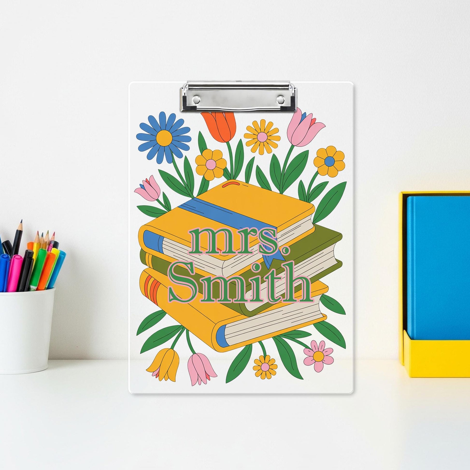 Personalized Teacher Clipboard, Floral and Book Design with Custom Name, Cute Back to School Gift for Educators, Librarians & Staff, Teacher