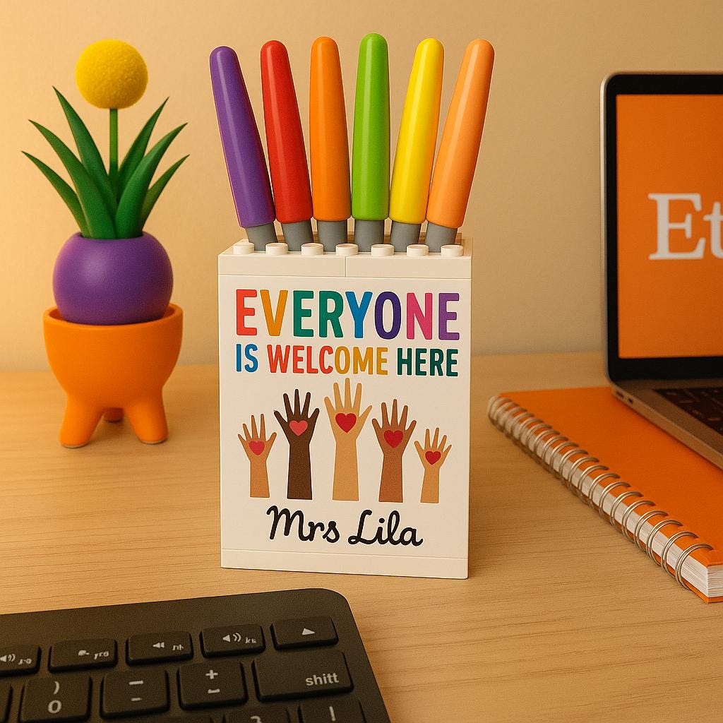 Personalized Teacher Gift Building Pencil Pot, Everyone is Welcome Here Sign, Custom Name, Inclusive Classroom Decor, Brick Organizer Caddy