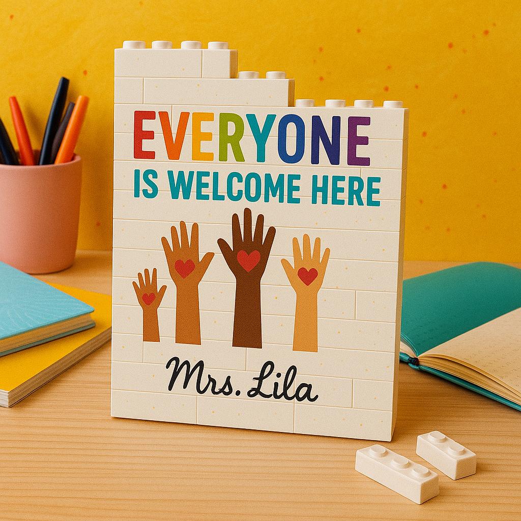 Personalized Teacher Gift Building Pencil Pot, Everyone is Welcome Here Sign, Custom Name, Inclusive Classroom Decor, Brick Organizer Caddy