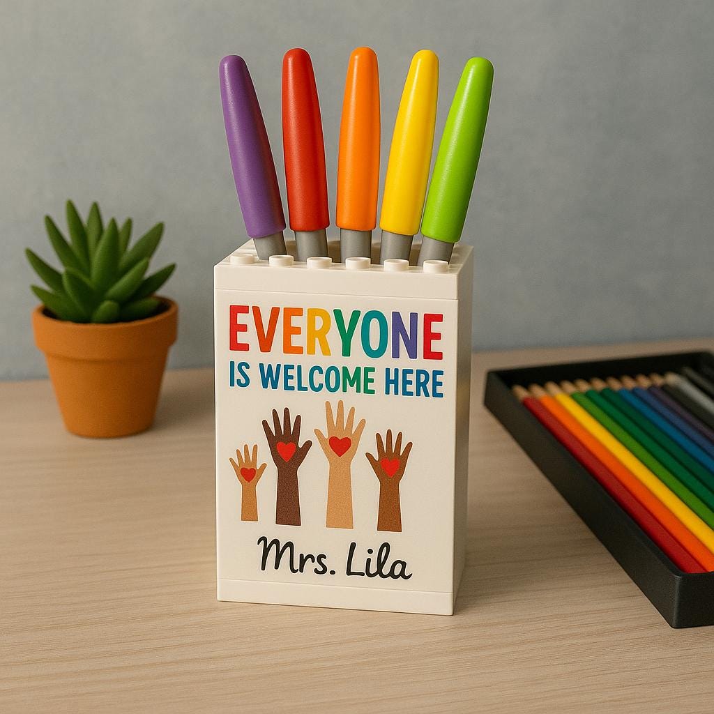 Personalized Teacher Gift Building Pencil Pot, Everyone is Welcome Here Sign, Custom Name, Inclusive Classroom Decor, Brick Organizer Caddy