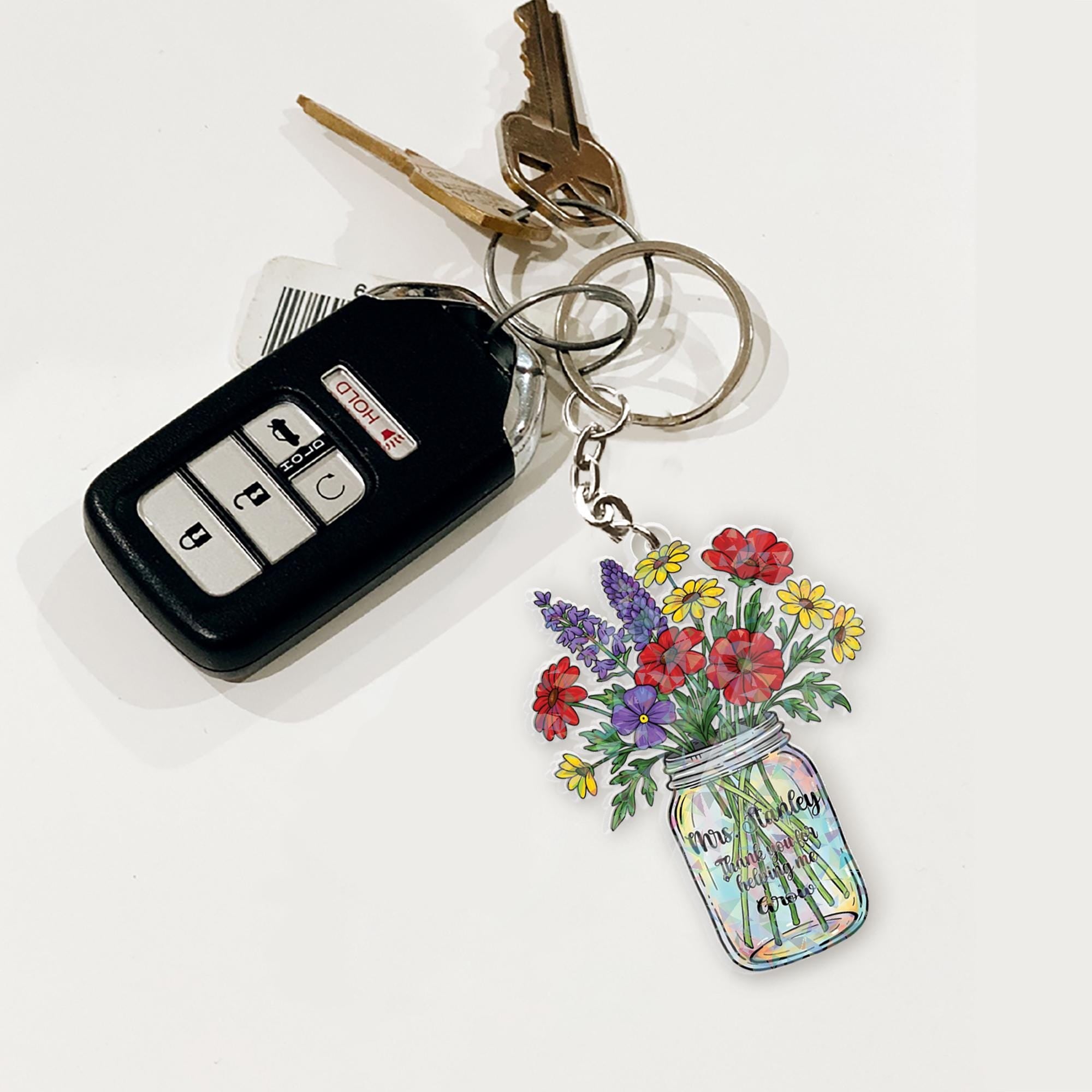 Custom Holographic Teacher Keychain – Personalized Flower Jar Gift, End of Year Appreciation Gift for Teachers, Cute Rainbow Keyring
