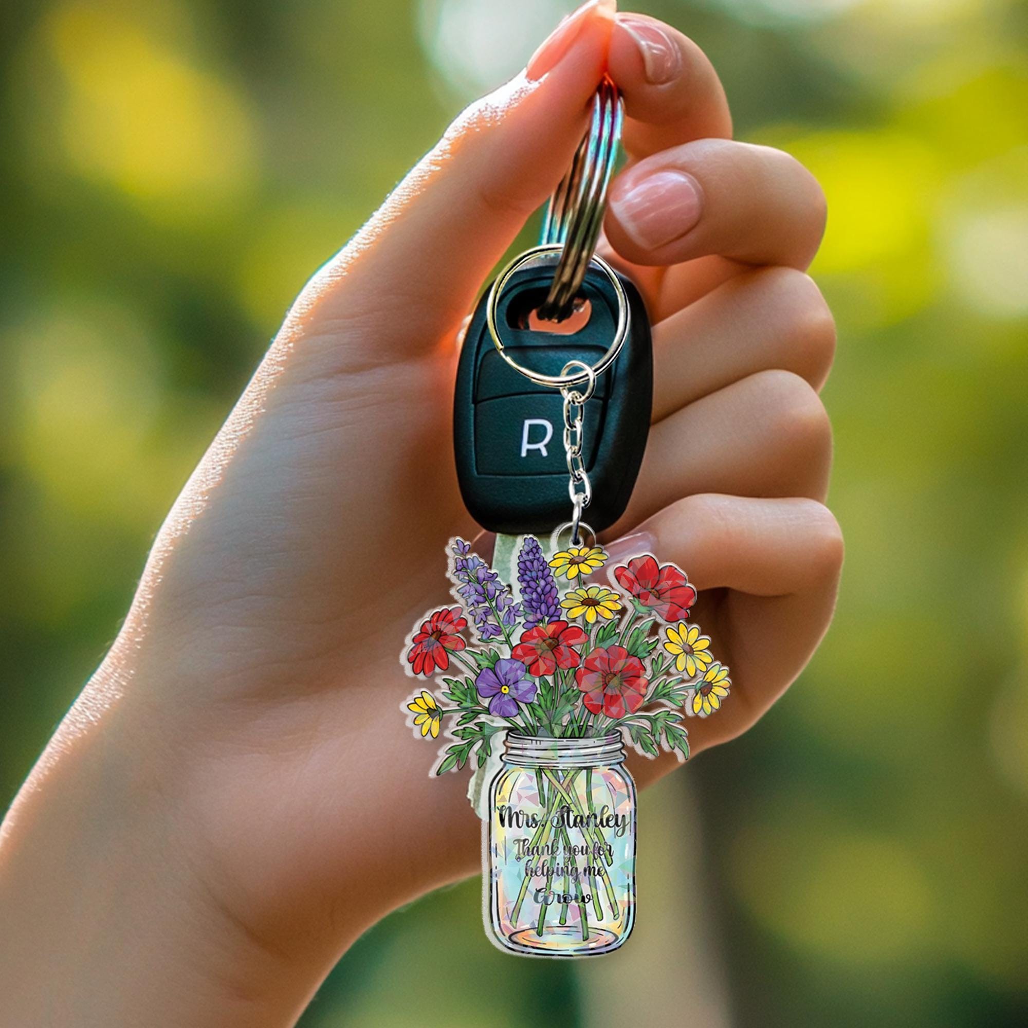 Custom Holographic Teacher Keychain – Personalized Flower Jar Gift, End of Year Appreciation Gift for Teachers, Cute Rainbow Keyring