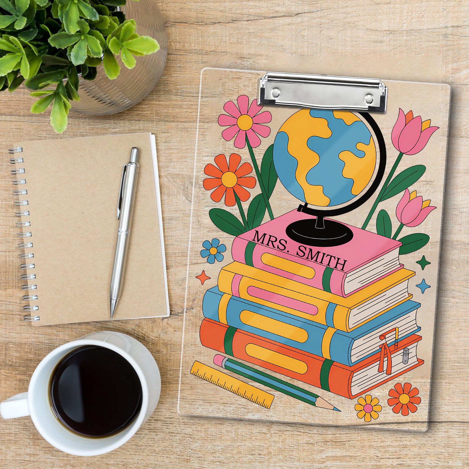 Personalized Geography Teacher Clipboard – Globe, Books & Floral Design with Custom Name, Cute Back to School Gift for Educators, Staff