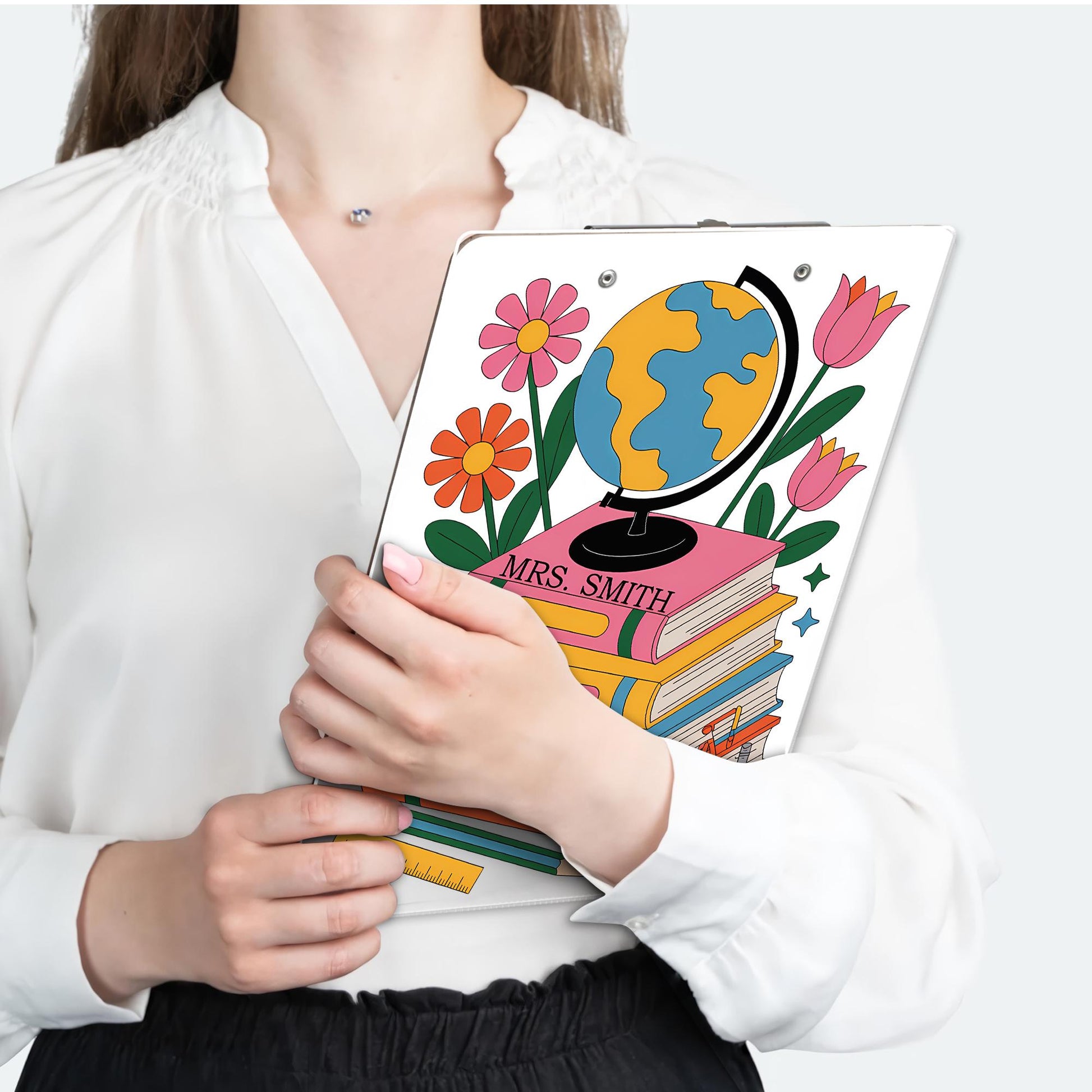 Personalized Geography Teacher Clipboard – Globe, Books & Floral Design with Custom Name, Cute Back to School Gift for Educators, Staff