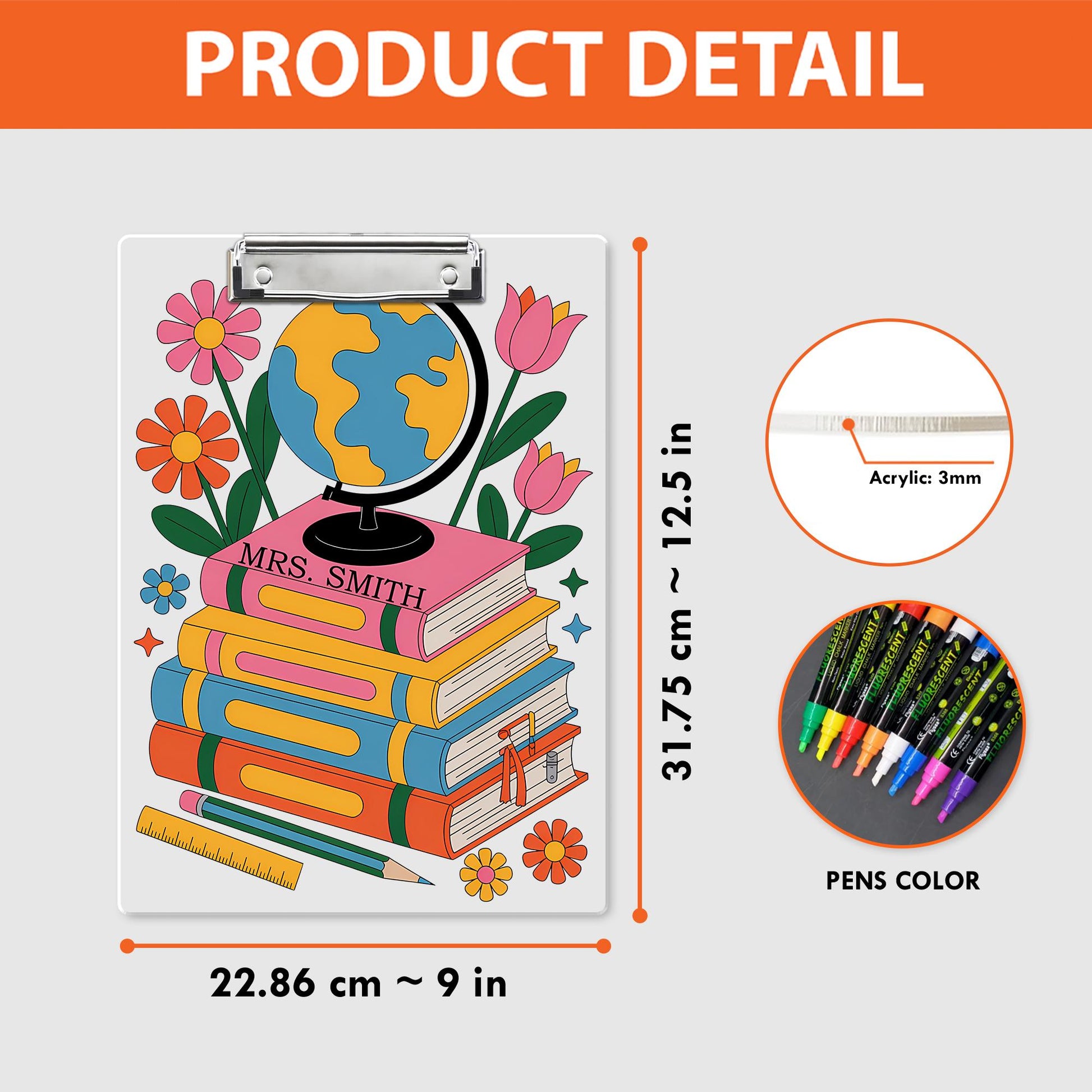 Personalized Geography Teacher Clipboard – Globe, Books & Floral Design with Custom Name, Cute Back to School Gift for Educators, Staff