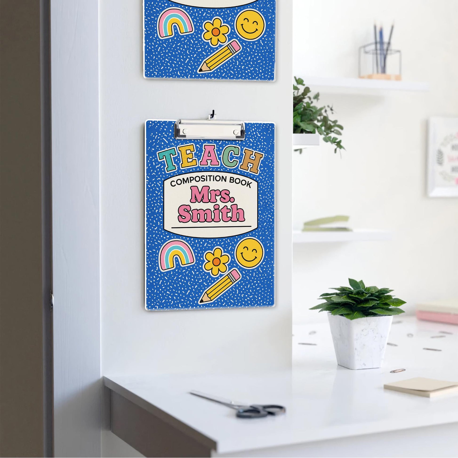 Personalized Teacher Clipboard – Blue Composition Book Design with Name & Cute Icons, Fun Back to School Gift for Educators, Staff, Teachers