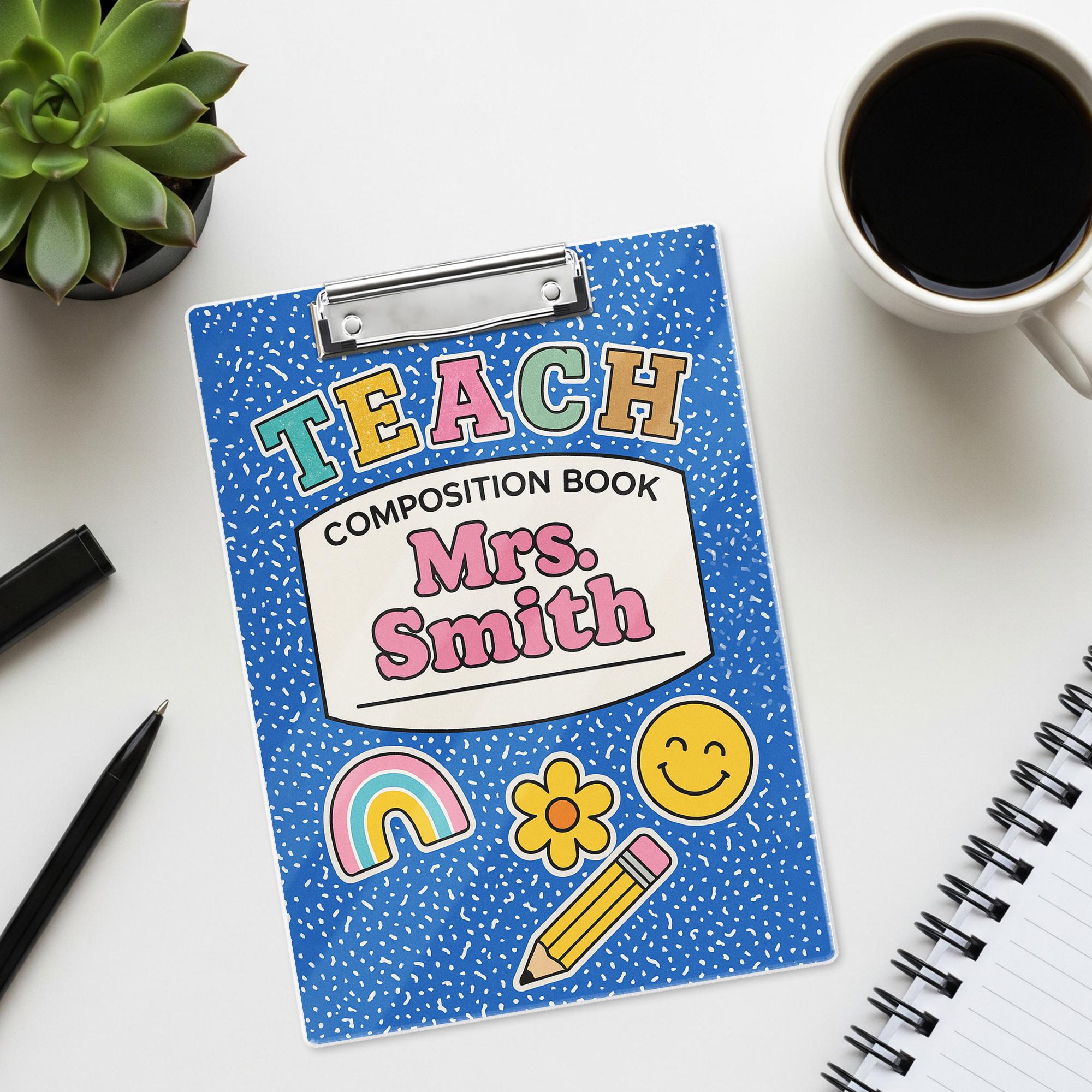 Personalized Teacher Clipboard – Blue Composition Book Design with Name & Cute Icons, Fun Back to School Gift for Educators, Staff, Teachers