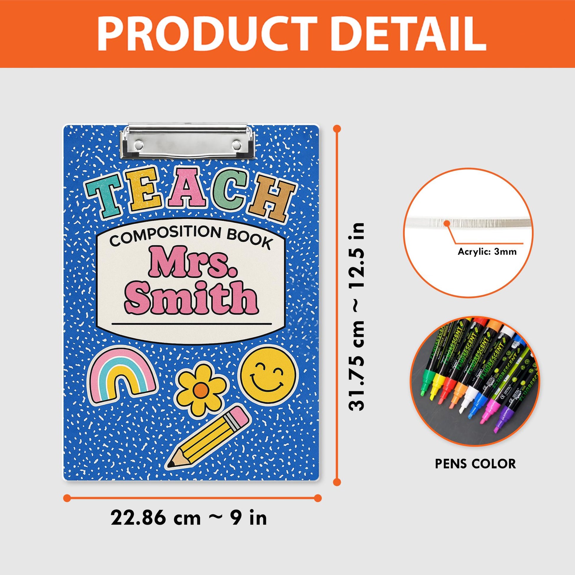 Personalized Teacher Clipboard – Blue Composition Book Design with Name & Cute Icons, Fun Back to School Gift for Educators, Staff, Teachers
