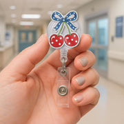 Patriotic Coquette Cherry Faux Glitter Badge Reel, Cute ID Holder, Y2K Nurse Accessory, Red White Blue Aesthetic,Girly RN Gift,Kute 4th July