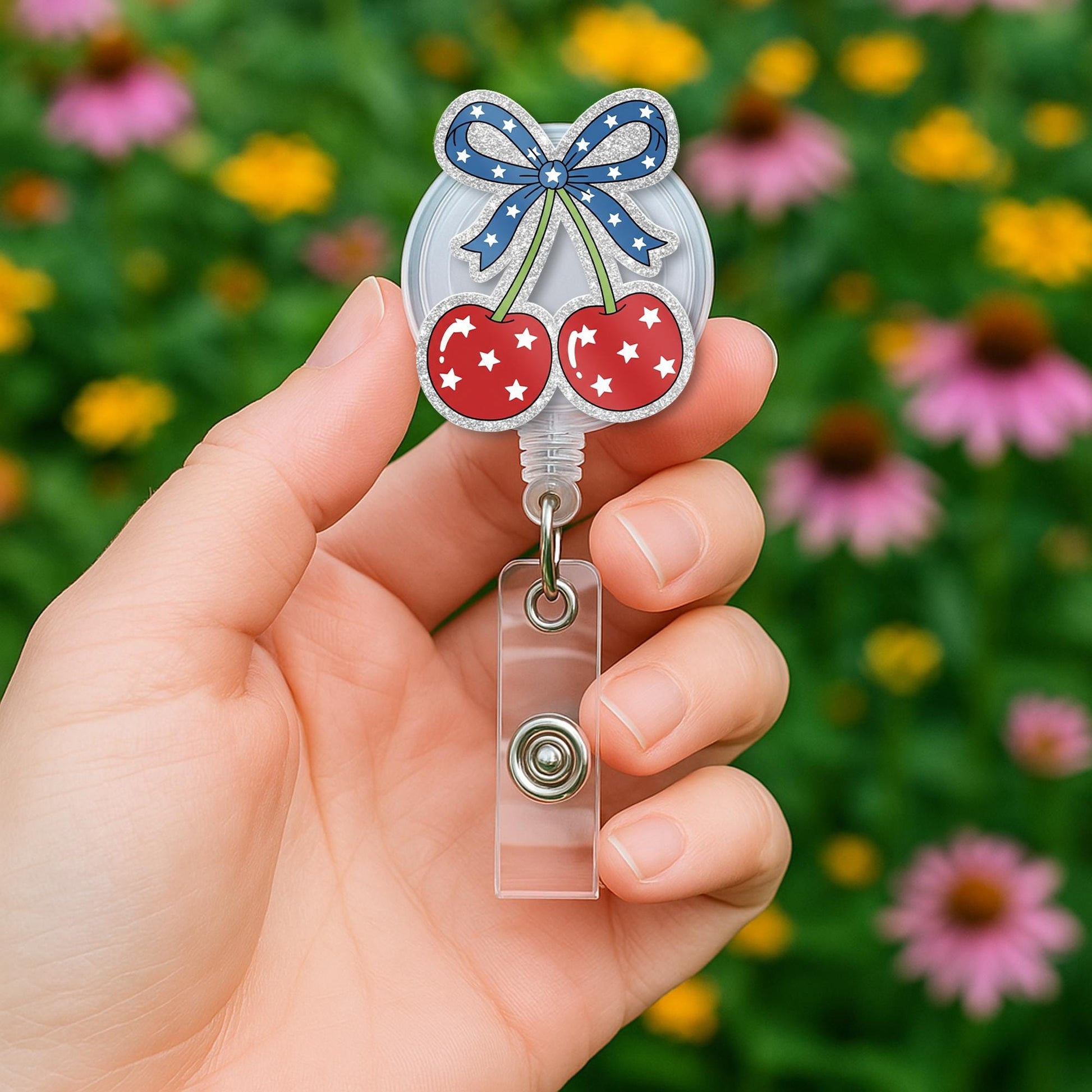 Patriotic Coquette Cherry Faux Glitter Badge Reel, Cute ID Holder, Y2K Nurse Accessory, Red White Blue Aesthetic,Girly RN Gift,Kute 4th July