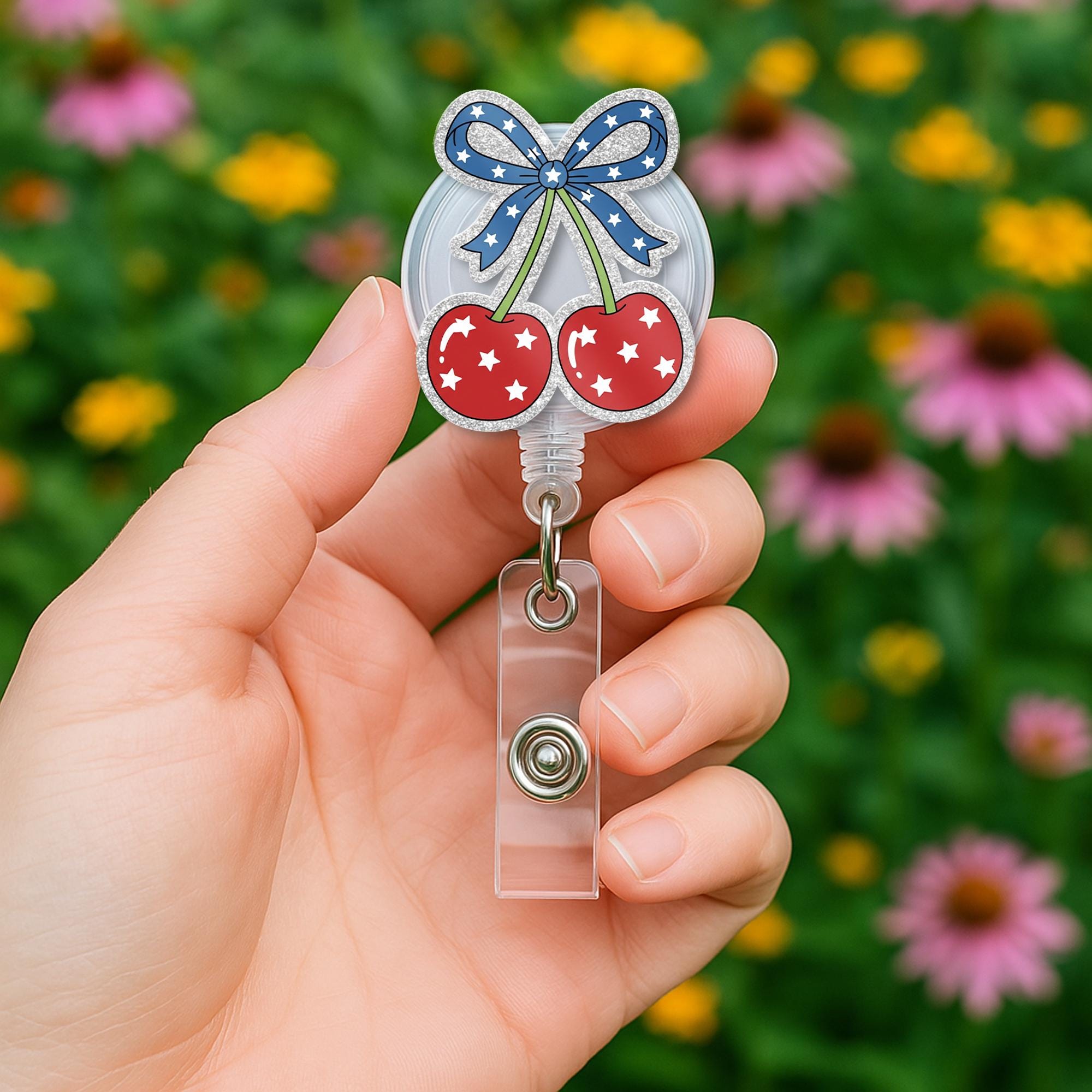 Patriotic Coquette Cherry Faux Glitter Badge Reel, Cute ID Holder, Y2K Nurse Accessory, Red White Blue Aesthetic,Girly RN Gift,Kute 4th July