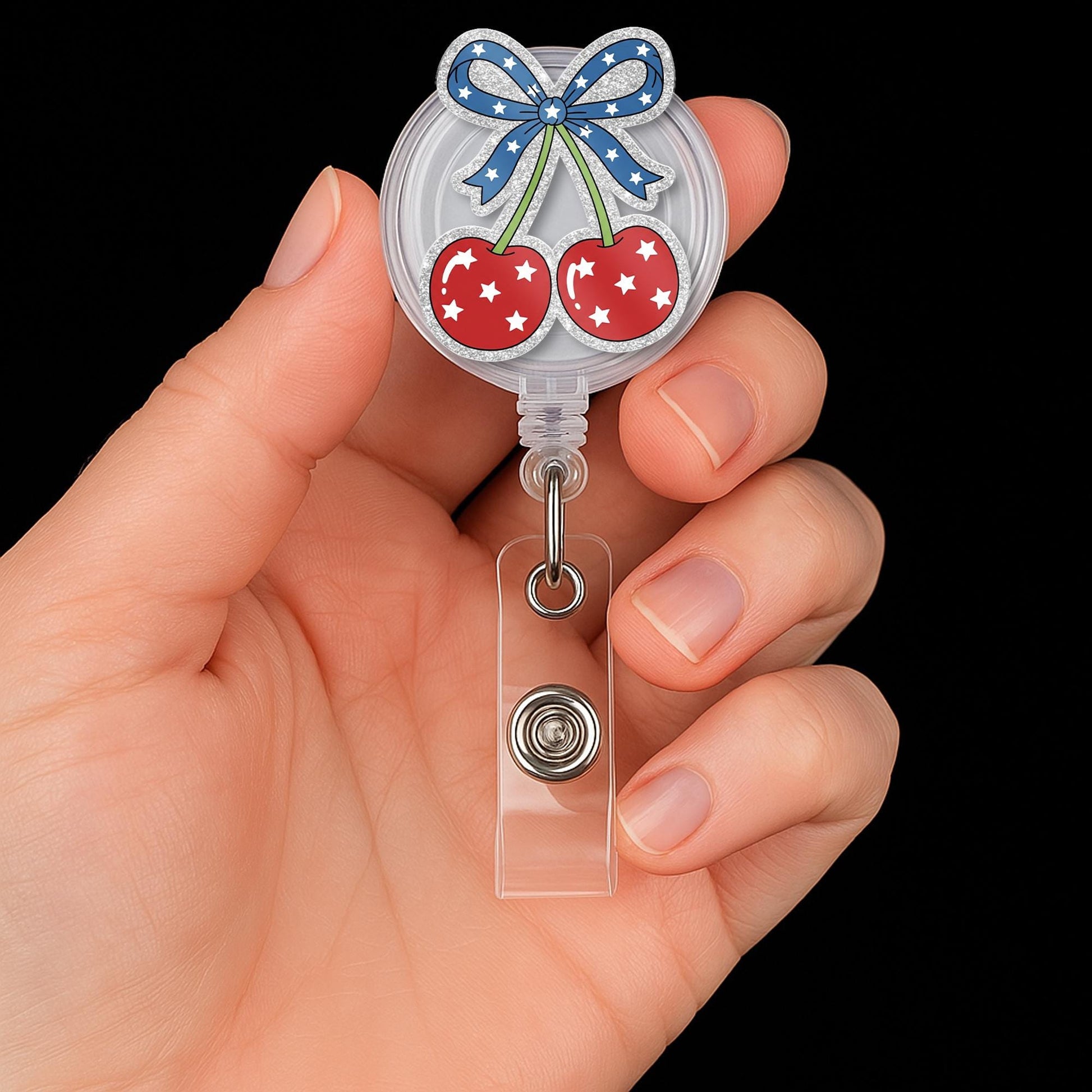 Patriotic Coquette Cherry Faux Glitter Badge Reel, Cute ID Holder, Y2K Nurse Accessory, Red White Blue Aesthetic,Girly RN Gift,Kute 4th July