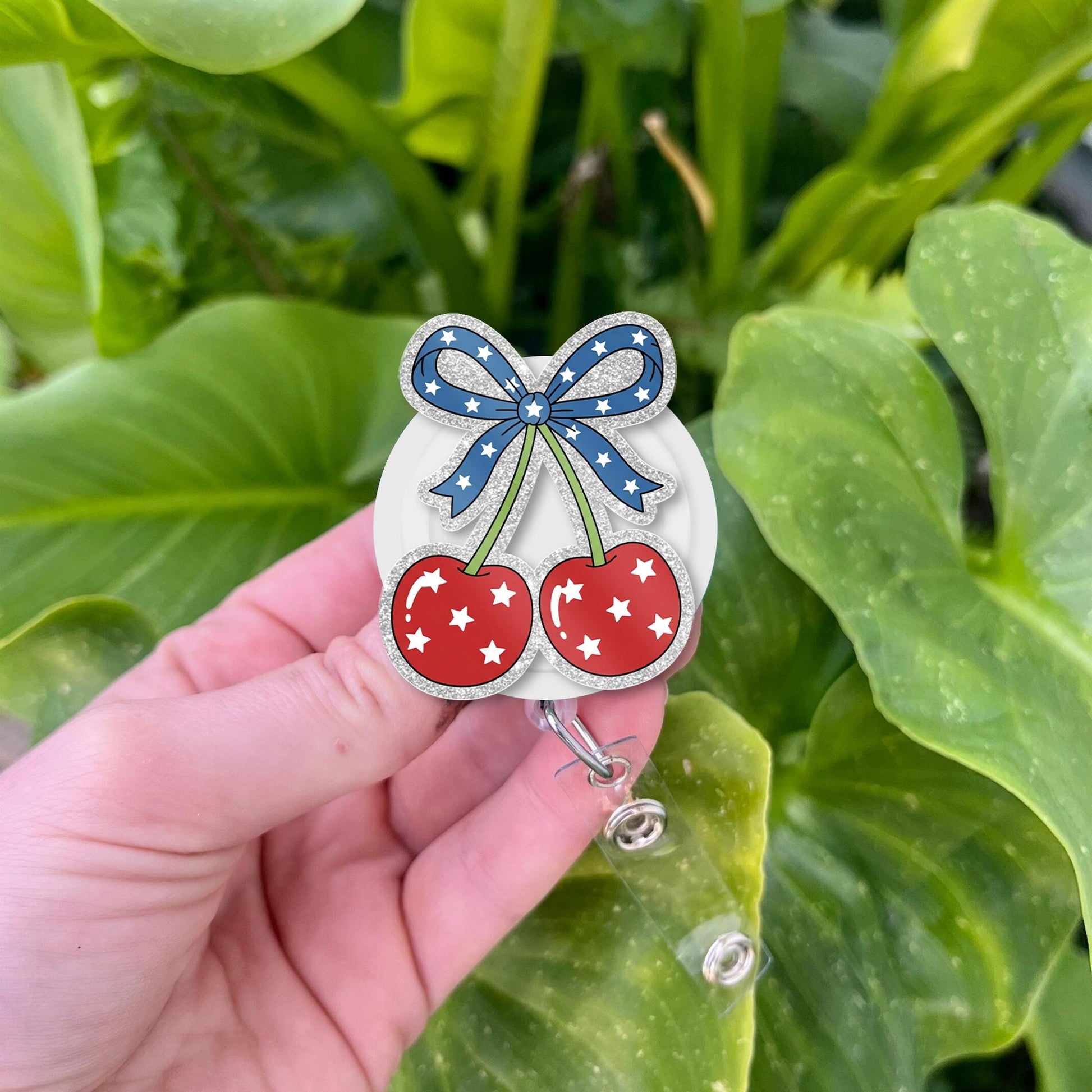 Patriotic Coquette Cherry Faux Glitter Badge Reel, Cute ID Holder, Y2K Nurse Accessory, Red White Blue Aesthetic,Girly RN Gift,Kute 4th July