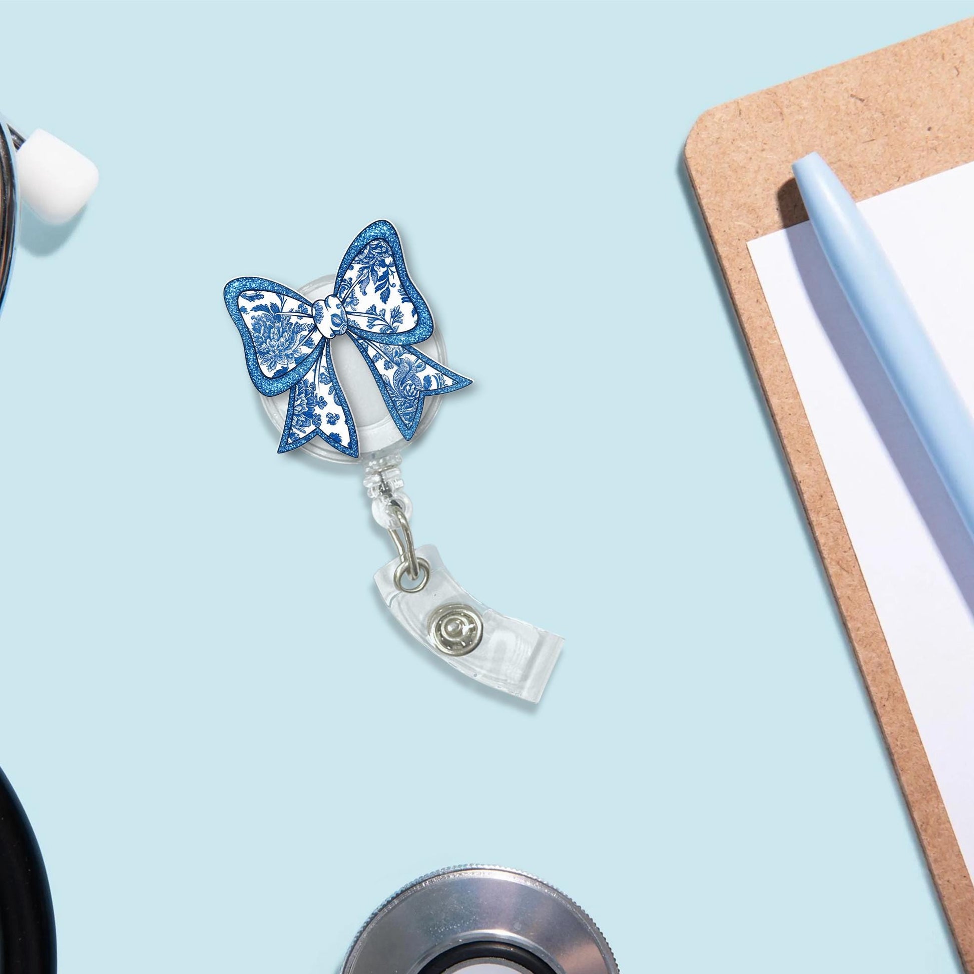 Chinoiserie Floral Bow Faux Glitter Badge Reel, Elegant ID Holder, Vintage Blue White Badge Clip, Nurse Gift, Cute Work Accessory