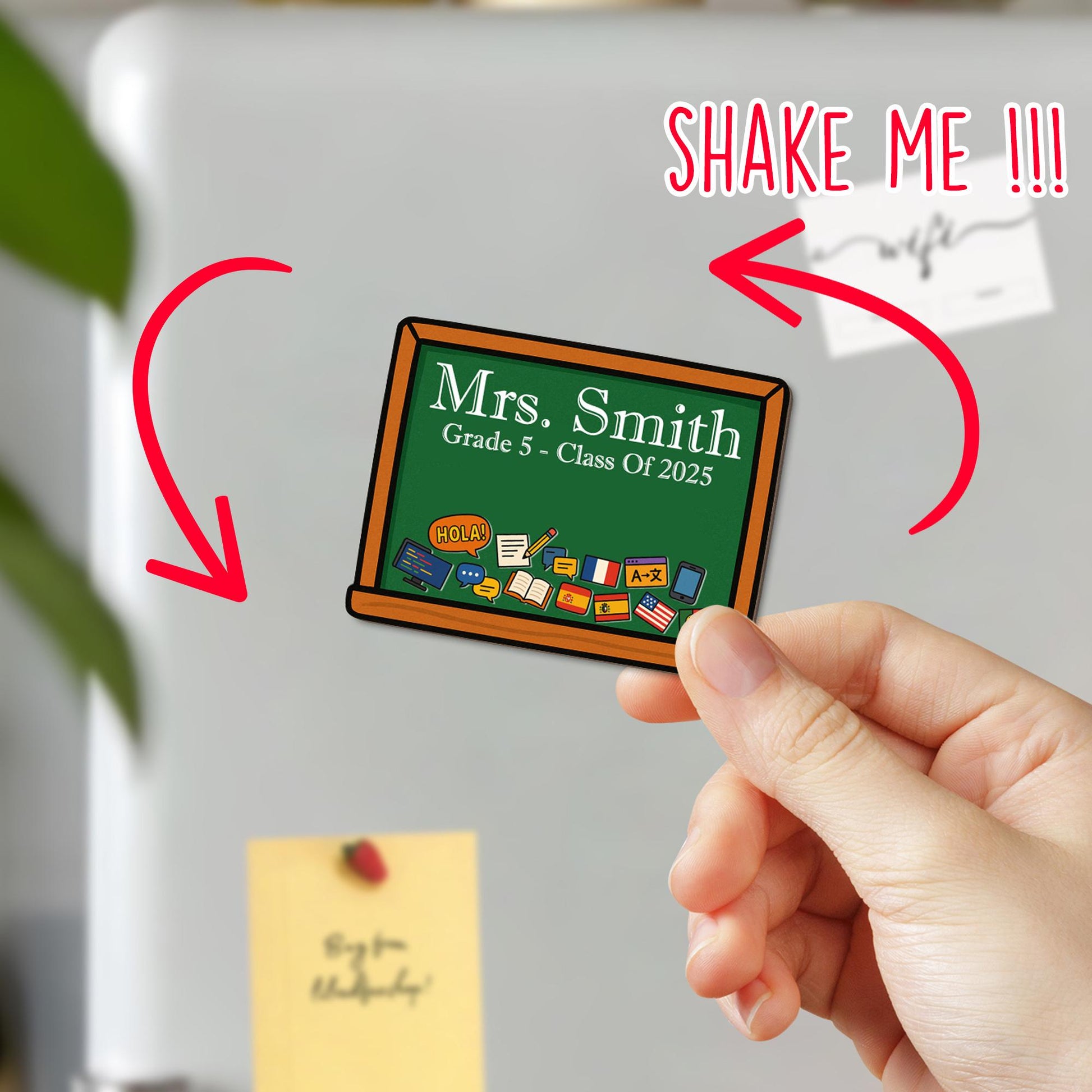 Personalized Language Teacher Shaker Magnet – Custom Chalkboard with Name, Flags & Books, School Lockers Decor, Back To School Gift