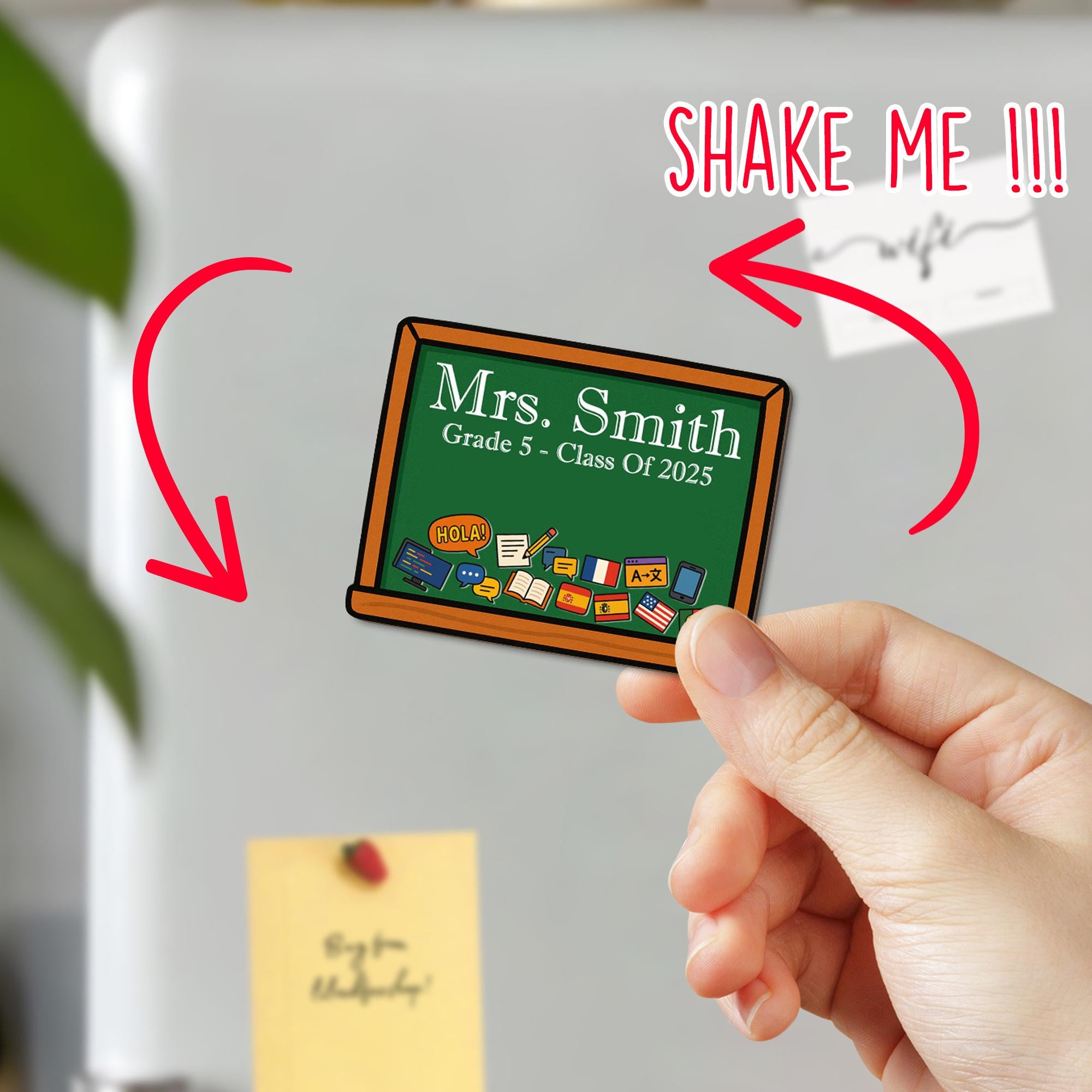 Personalized Language Teacher Shaker Magnet – Custom Chalkboard with Name, Flags & Books, School Lockers Decor, Back To School Gift
