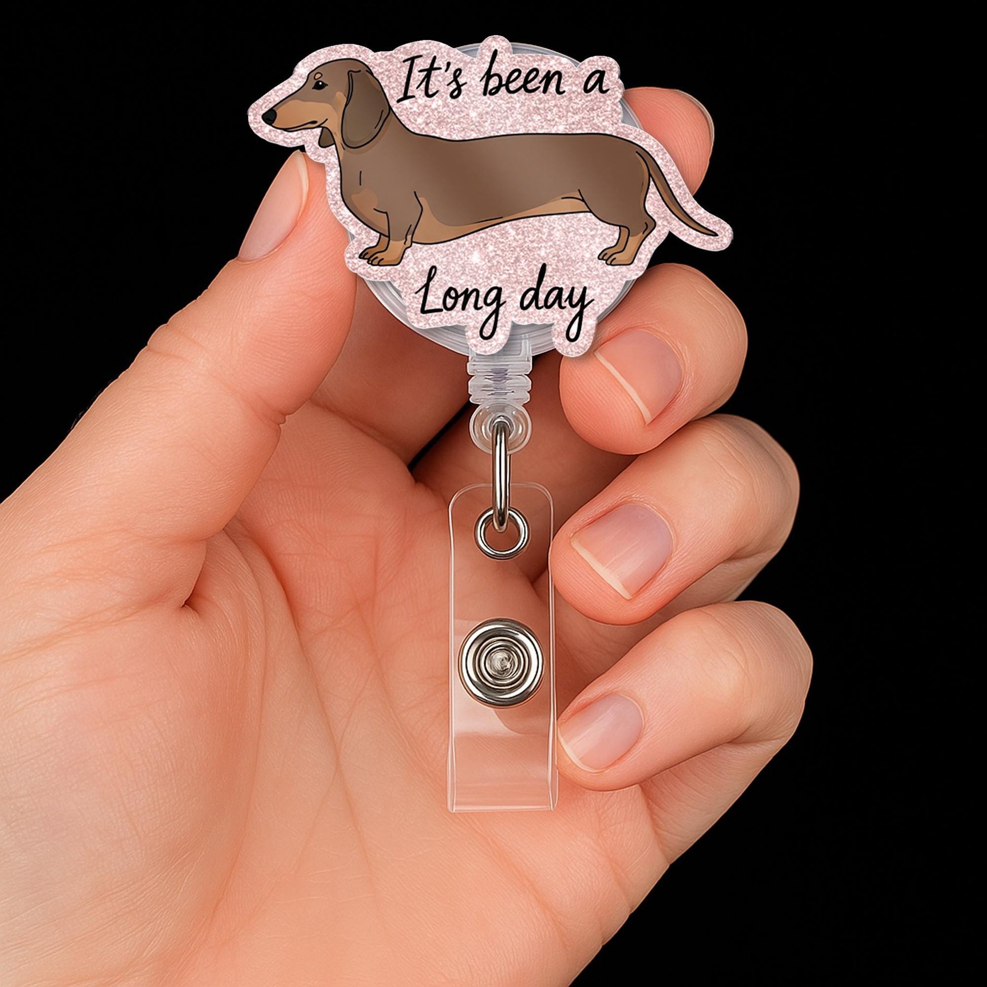 Dachshund Faux Glitter Badge, It's a Long Day ID Holder, Funny Sausage Dog Gift, Cute Weiner Nurse Reel, Vet Tech Accessory, Dachshund Gift