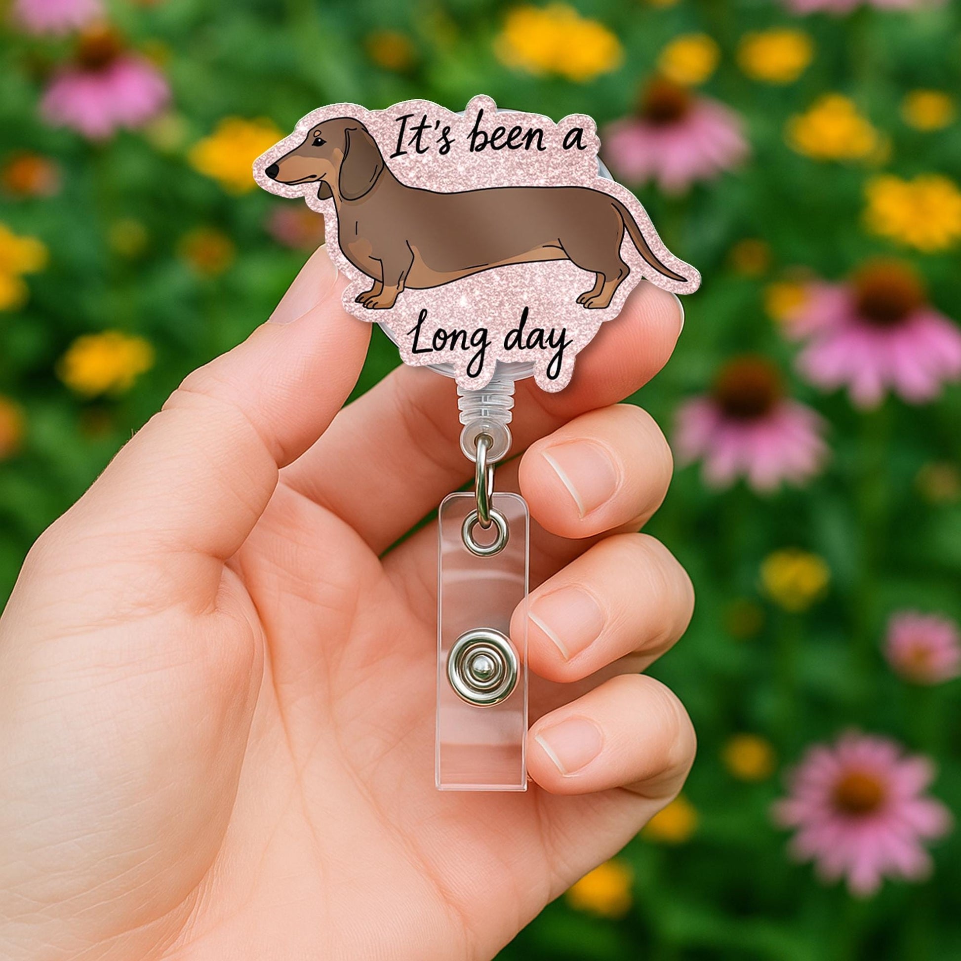 Dachshund Faux Glitter Badge, It's a Long Day ID Holder, Funny Sausage Dog Gift, Cute Weiner Nurse Reel, Vet Tech Accessory, Dachshund Gift