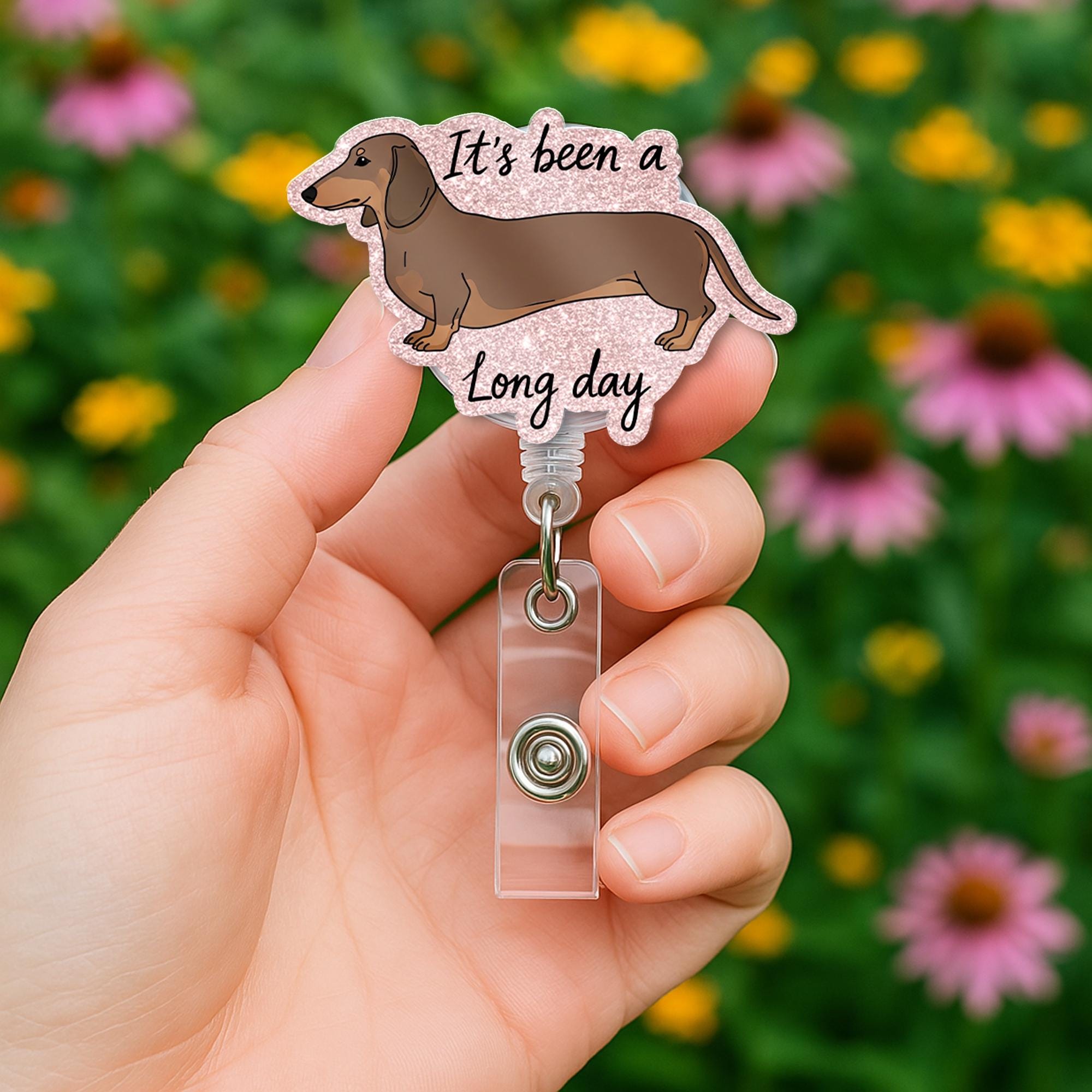 Dachshund Faux Glitter Badge, It's a Long Day ID Holder, Funny Sausage Dog Gift, Cute Weiner Nurse Reel, Vet Tech Accessory, Dachshund Gift