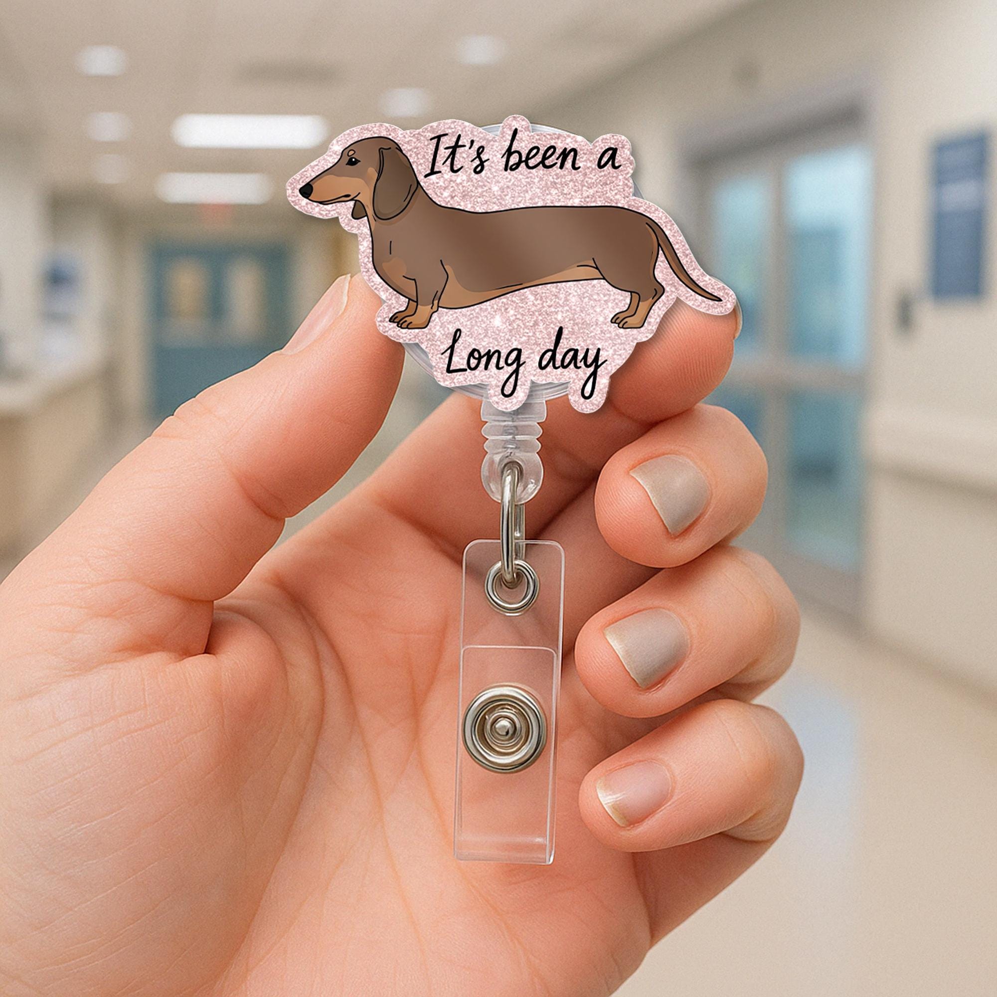 Dachshund Faux Glitter Badge, It's a Long Day ID Holder, Funny Sausage Dog Gift, Cute Weiner Nurse Reel, Vet Tech Accessory, Dachshund Gift