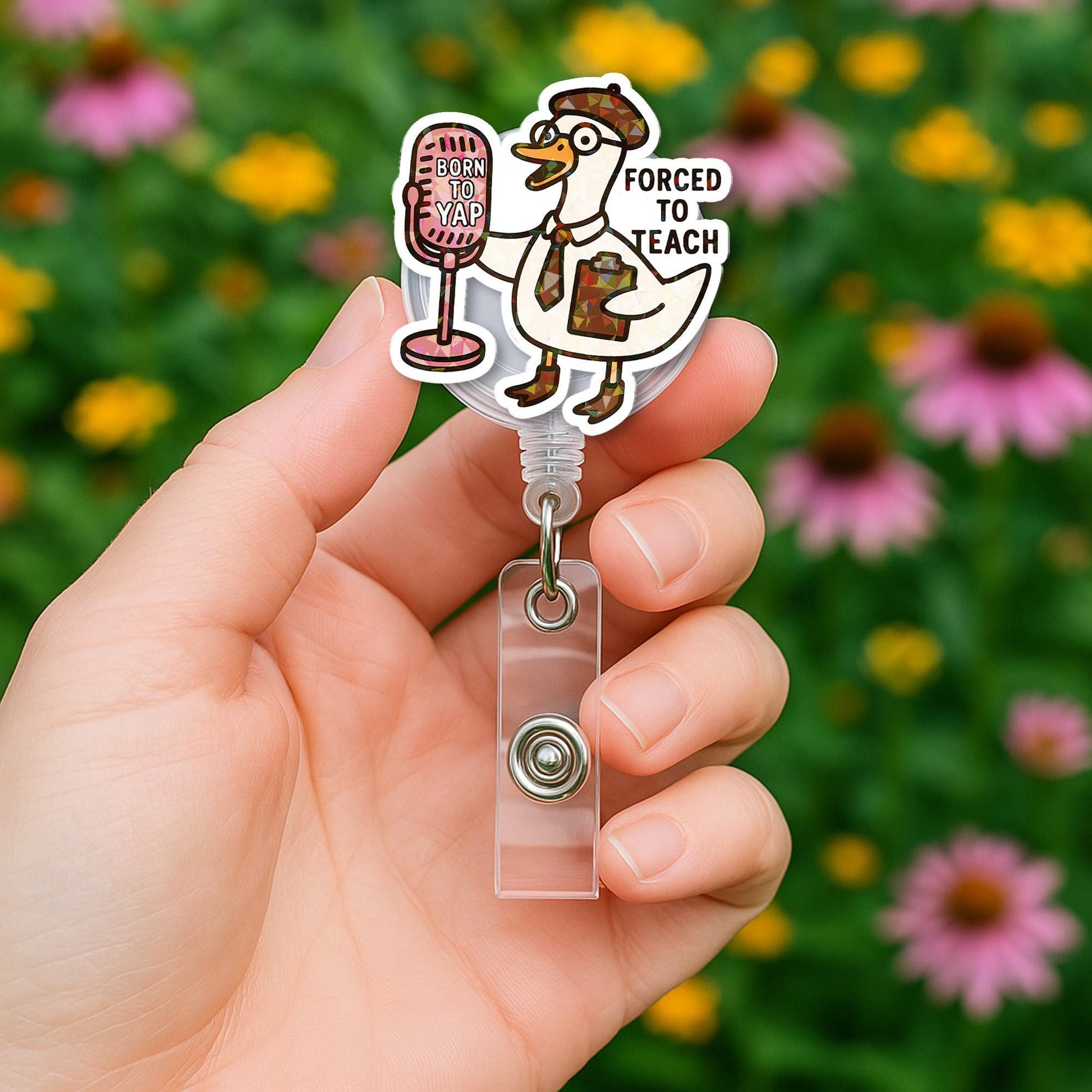 Funny Goose Teacher Badge Reel – Born to Yap Forced to Teach ID Clip, Silly Back to School Gift for Educators, Goose Lover Accessory