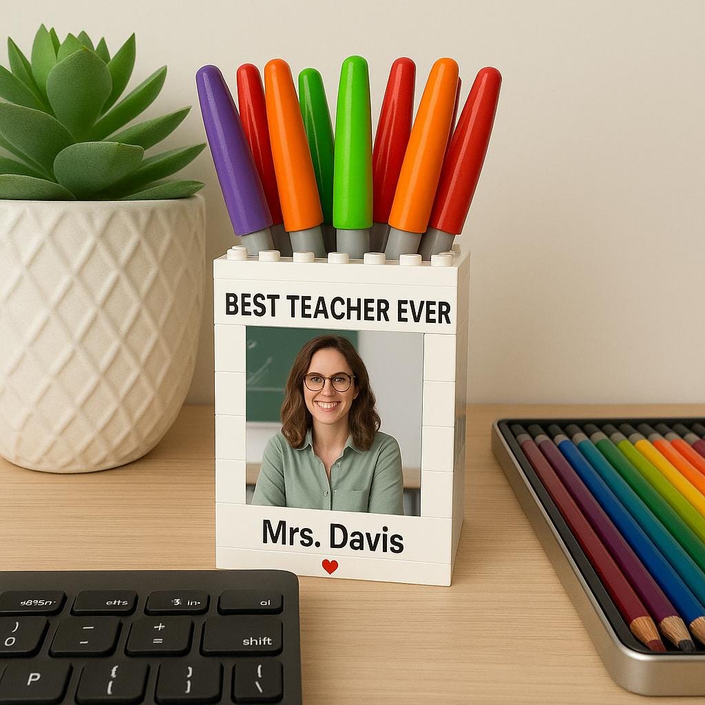 Personalized Teacher Gift Photo Building Pen Pot, Custom Name 'Best Teacher Ever' Pencil Holder, Unique End of Year Brick Desk Organizer