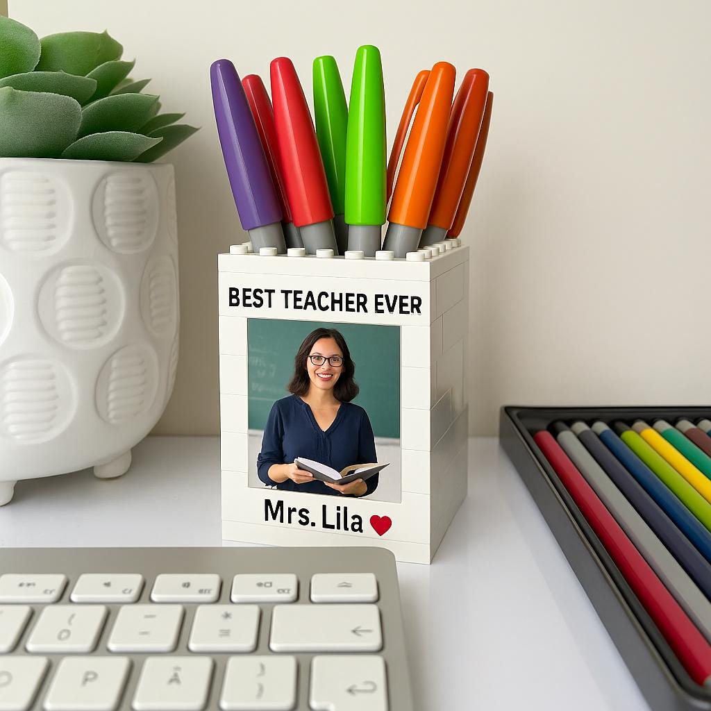 Personalized Teacher Gift Photo Building Pen Pot, Custom Name 'Best Teacher Ever' Pencil Holder, Unique End of Year Brick Desk Organizer