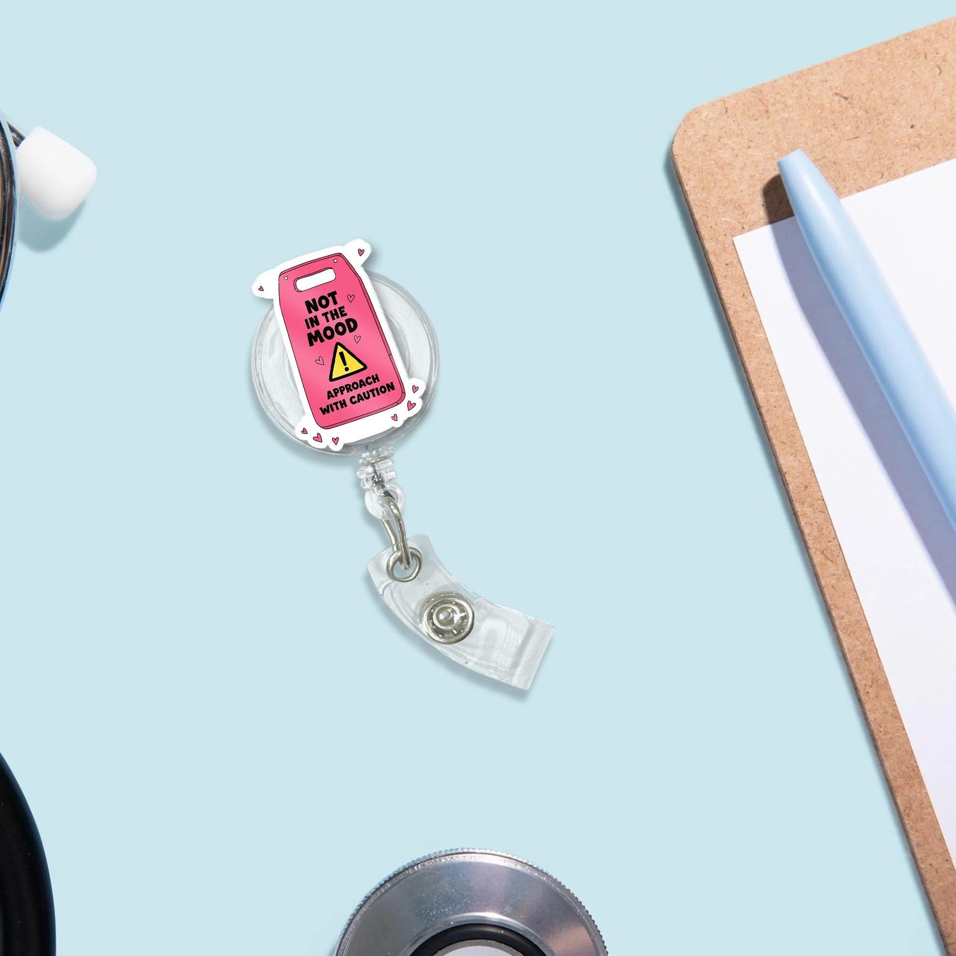 Not in Mood Badge Reel, Approach with Caution ID Holder, Funny Nurse Gift, Sassy RN Badge, Sarcastic Hospital Accessory