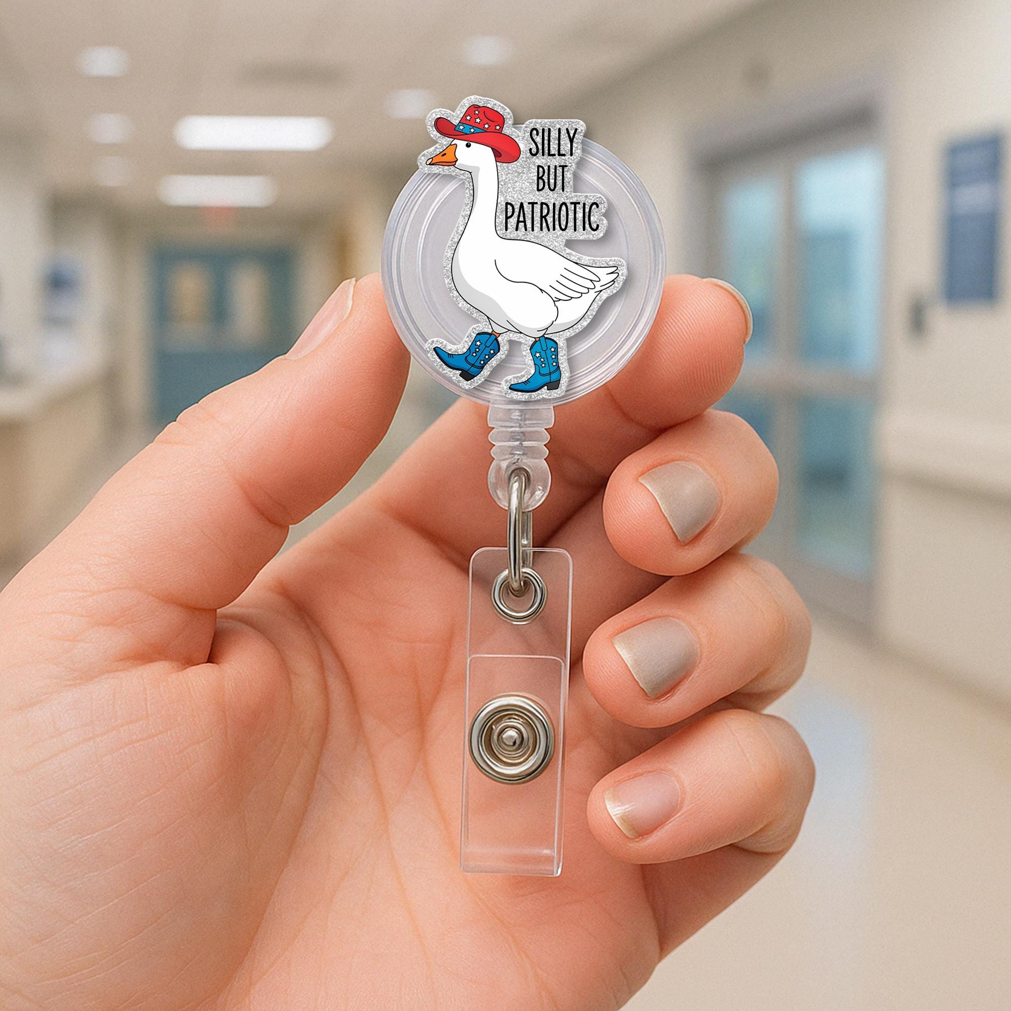 Silly But Patriotic Badge Reel, Funny USA ID Holder, Red White Blue Nurse Gift, 4th of July Accessory, Cute RN Badge, Silly Goose Badge Reel