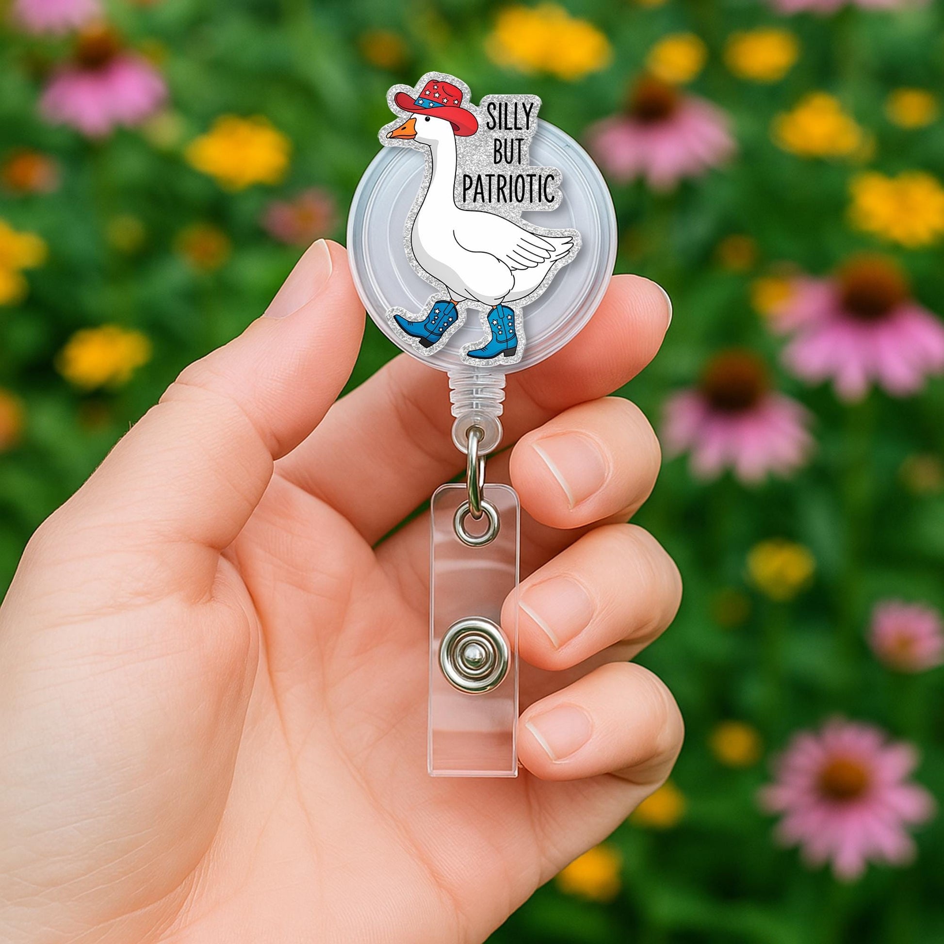 Silly But Patriotic Badge Reel, Funny USA ID Holder, Red White Blue Nurse Gift, 4th of July Accessory, Cute RN Badge, Silly Goose Badge Reel