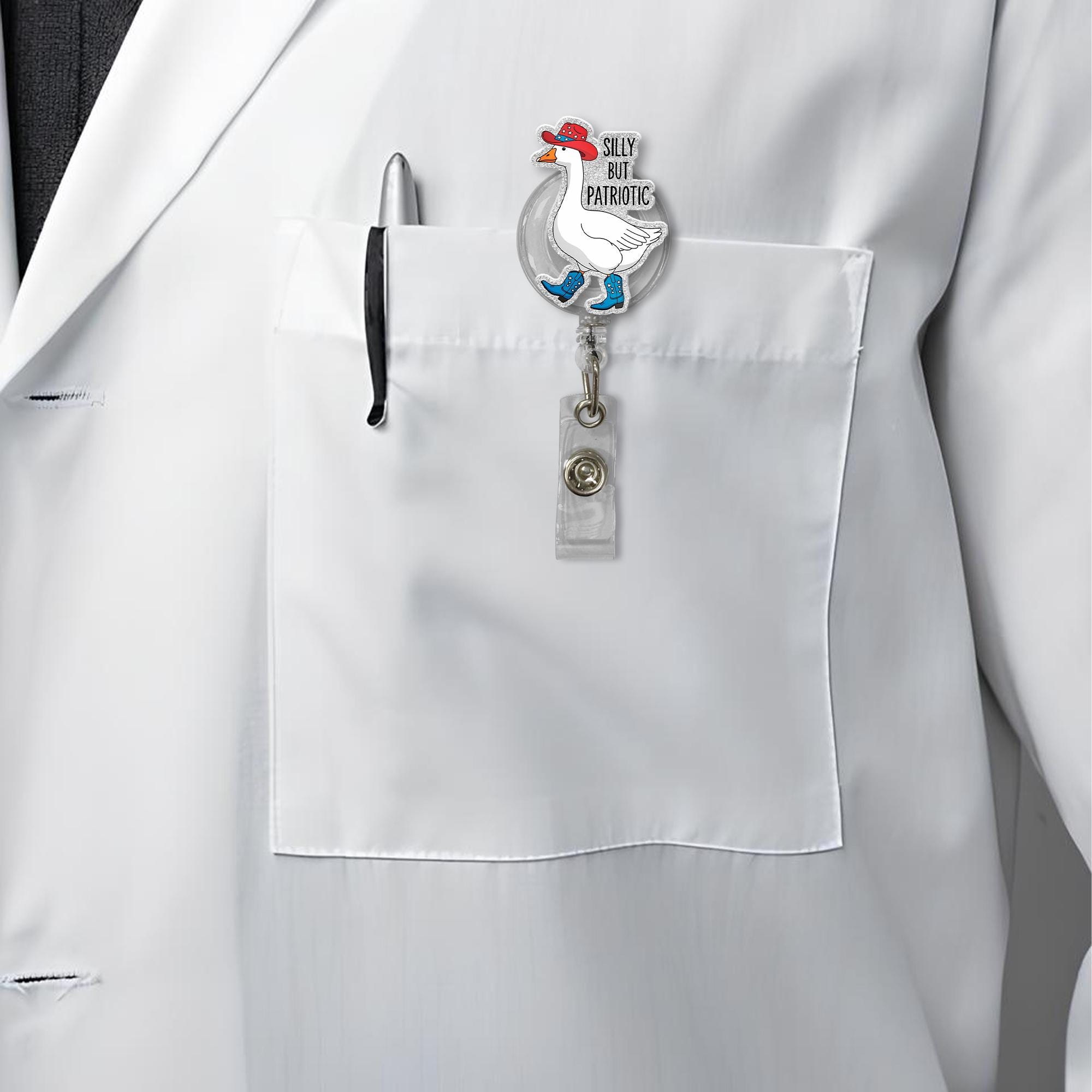 Silly But Patriotic Badge Reel, Funny USA ID Holder, Red White Blue Nurse Gift, 4th of July Accessory, Cute RN Badge, Silly Goose Badge Reel