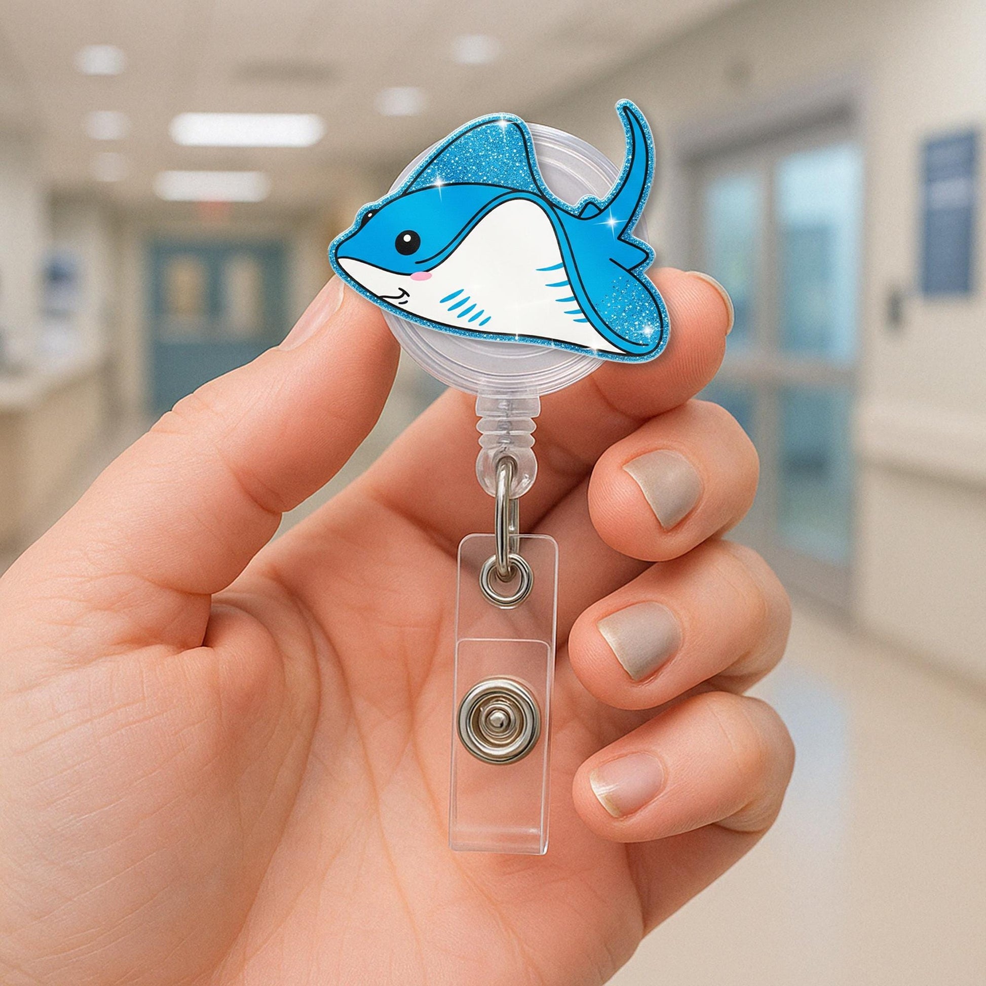 Kute Stingray Faux Glitter Badge Reel, Fish Badge Holder, Nurse ID Reel, Cute Sea Animal Lanyard, Ocean Theme Badge Clip, Gift for Coworker
