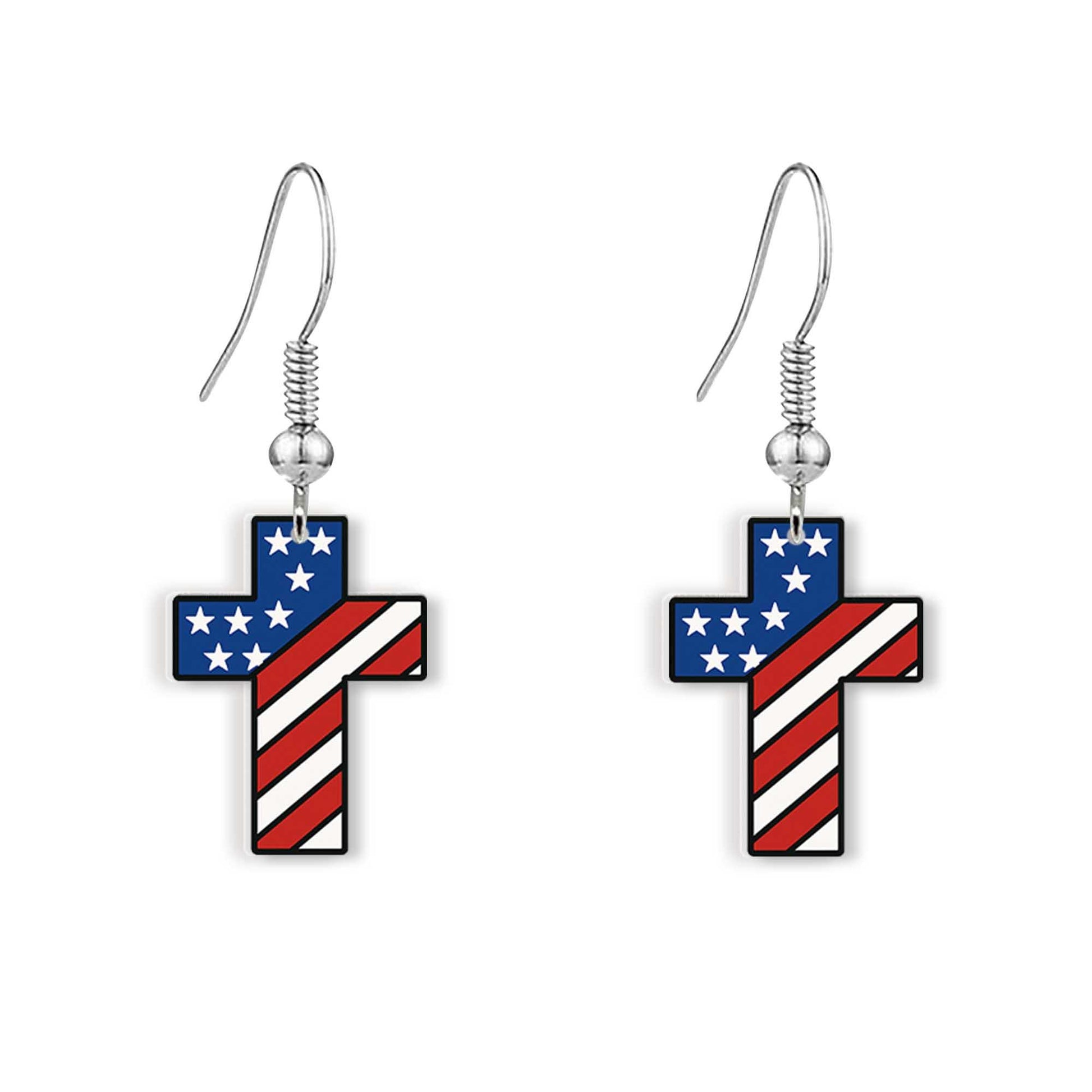 Patriotic Cross Earrings, USA Flag Jewelry, American Pride Gift, 4th of July Earrings, Red White Blue Dangle Earrings, Christian USA
