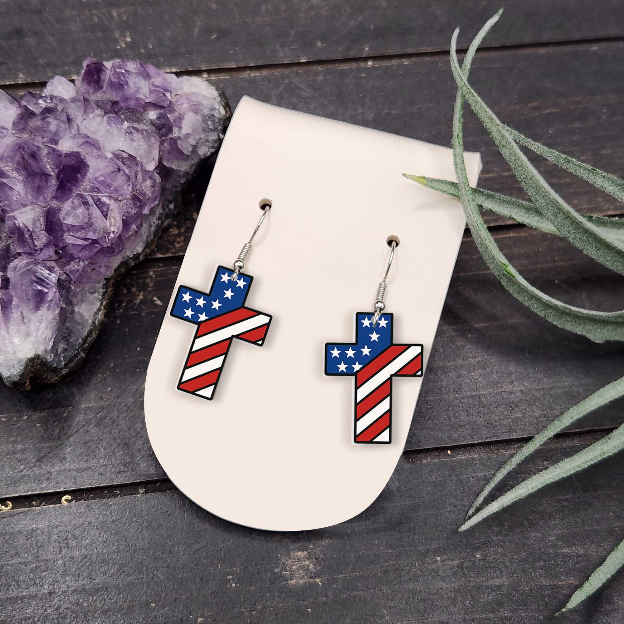 Patriotic Cross Earrings, USA Flag Jewelry, American Pride Gift, 4th of July Earrings, Red White Blue Dangle Earrings, Christian USA