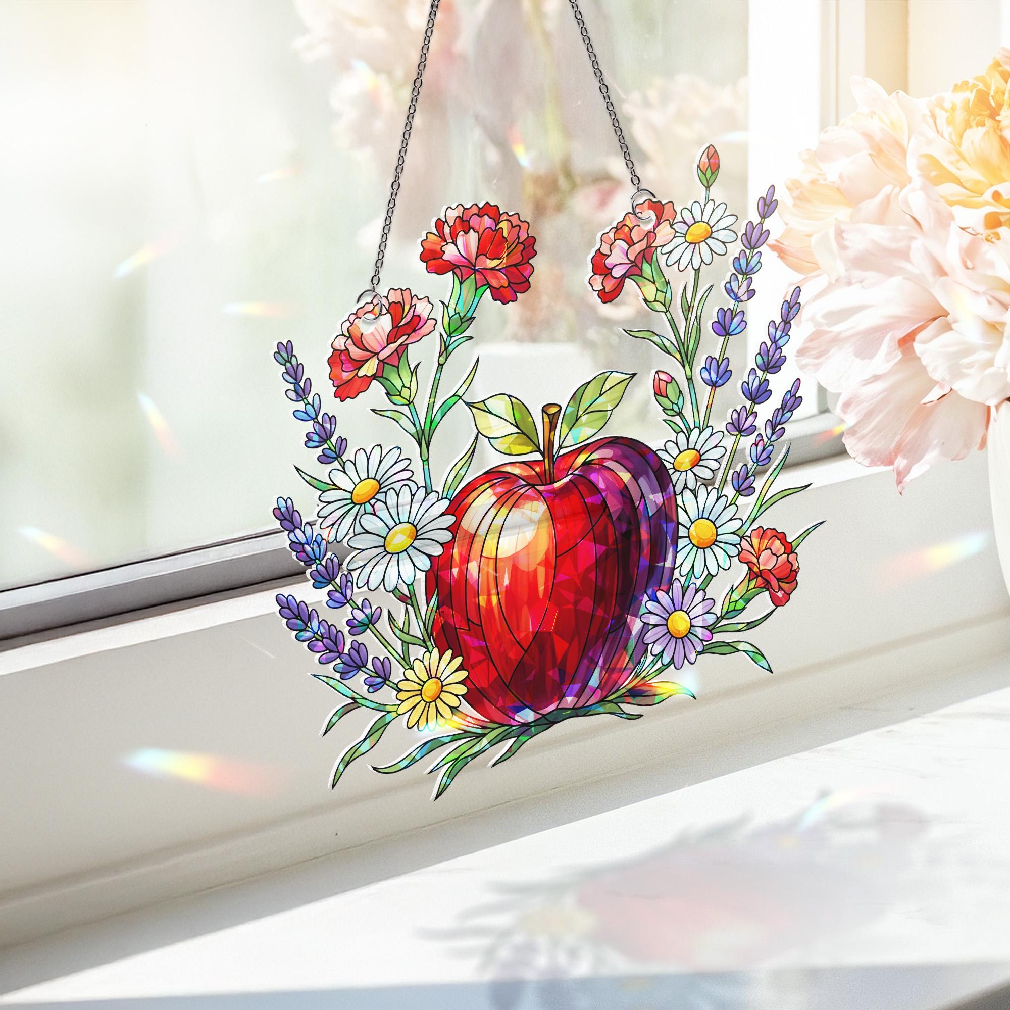 Teacher Apple Holographic Window Hanging – Floral Acrylic Sun Catcher – Red Apple Suncatcher Gift – Classroom or Home Decor