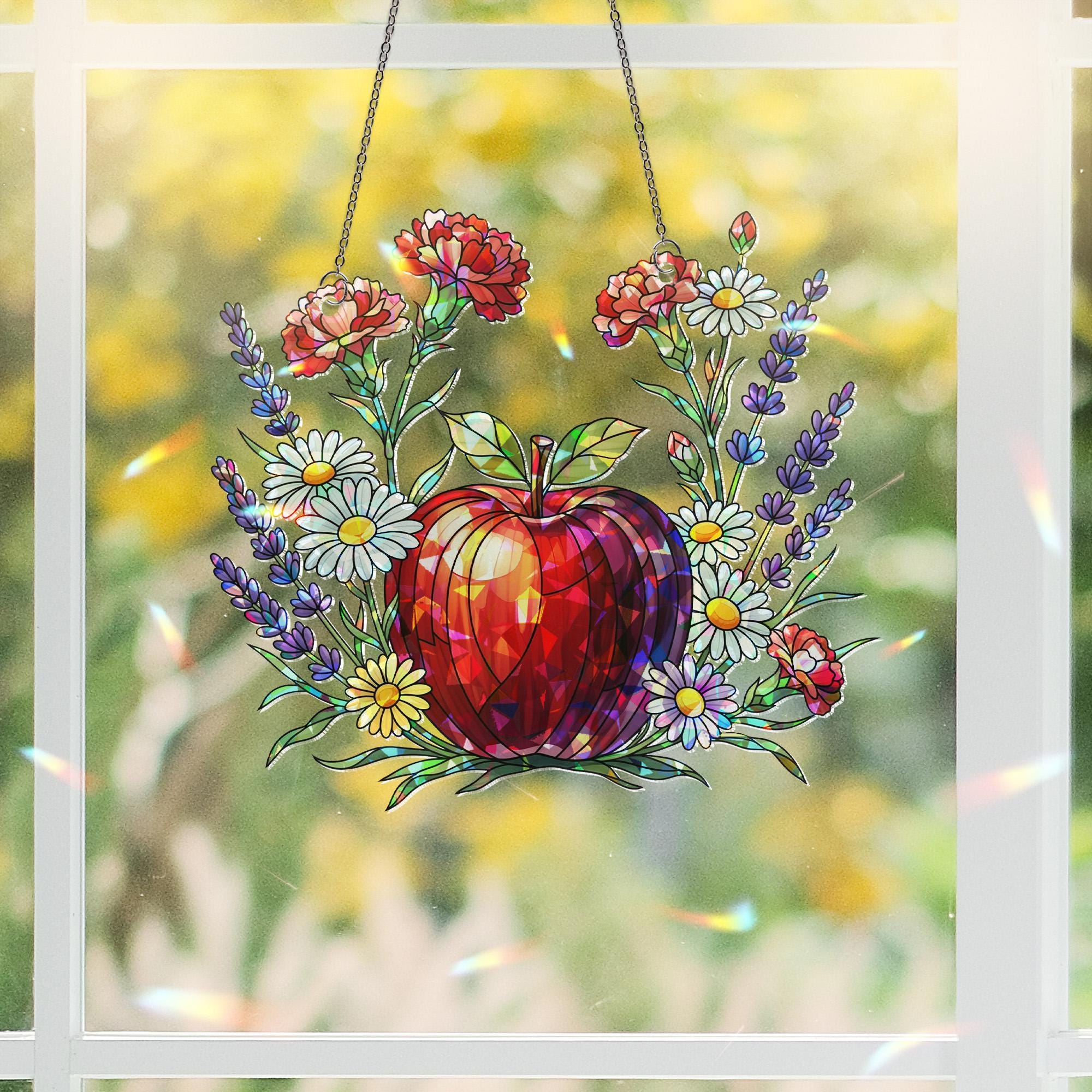Teacher Apple Holographic Window Hanging – Floral Acrylic Sun Catcher – Red Apple Suncatcher Gift – Classroom or Home Decor