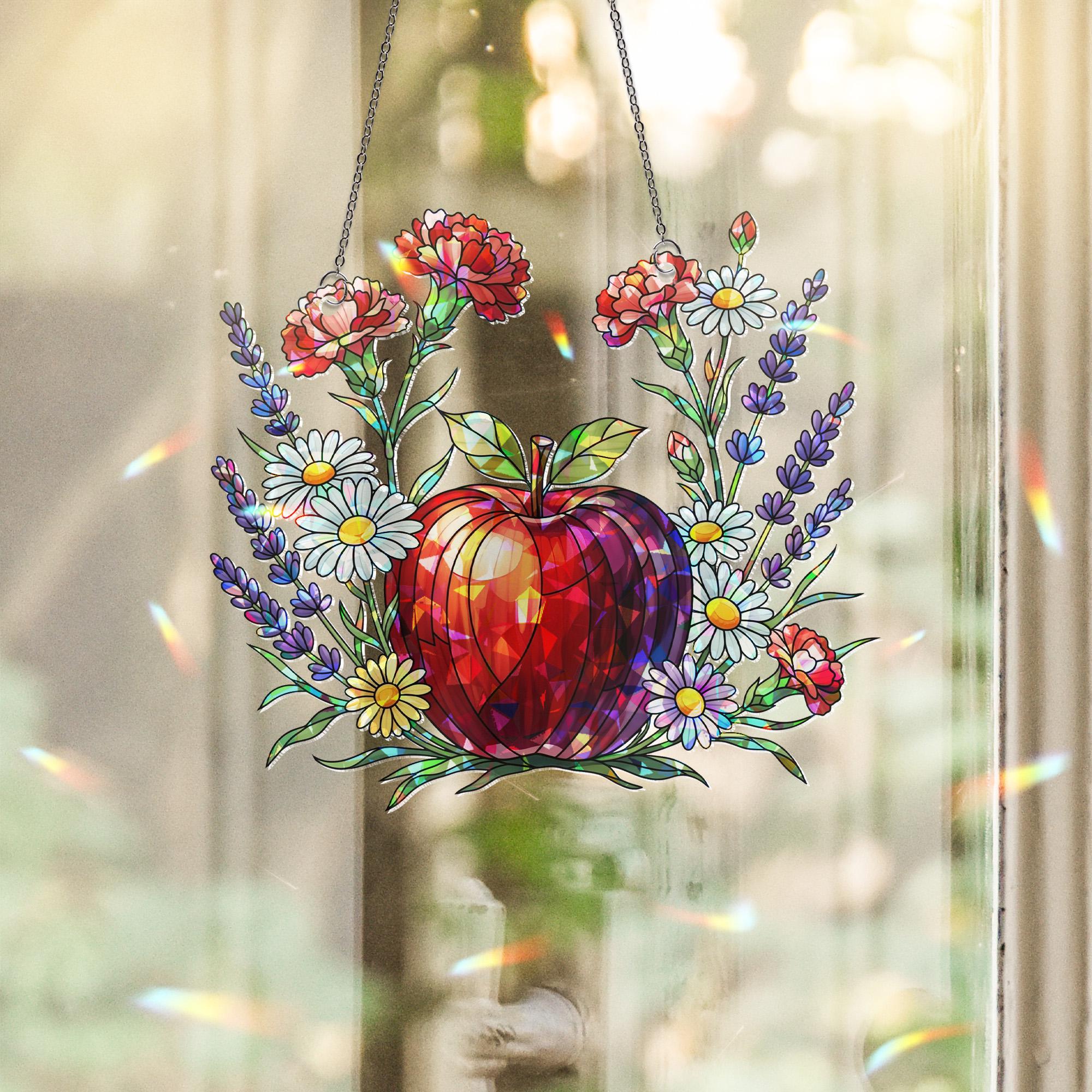 Teacher Apple Holographic Window Hanging – Floral Acrylic Sun Catcher – Red Apple Suncatcher Gift – Classroom or Home Decor
